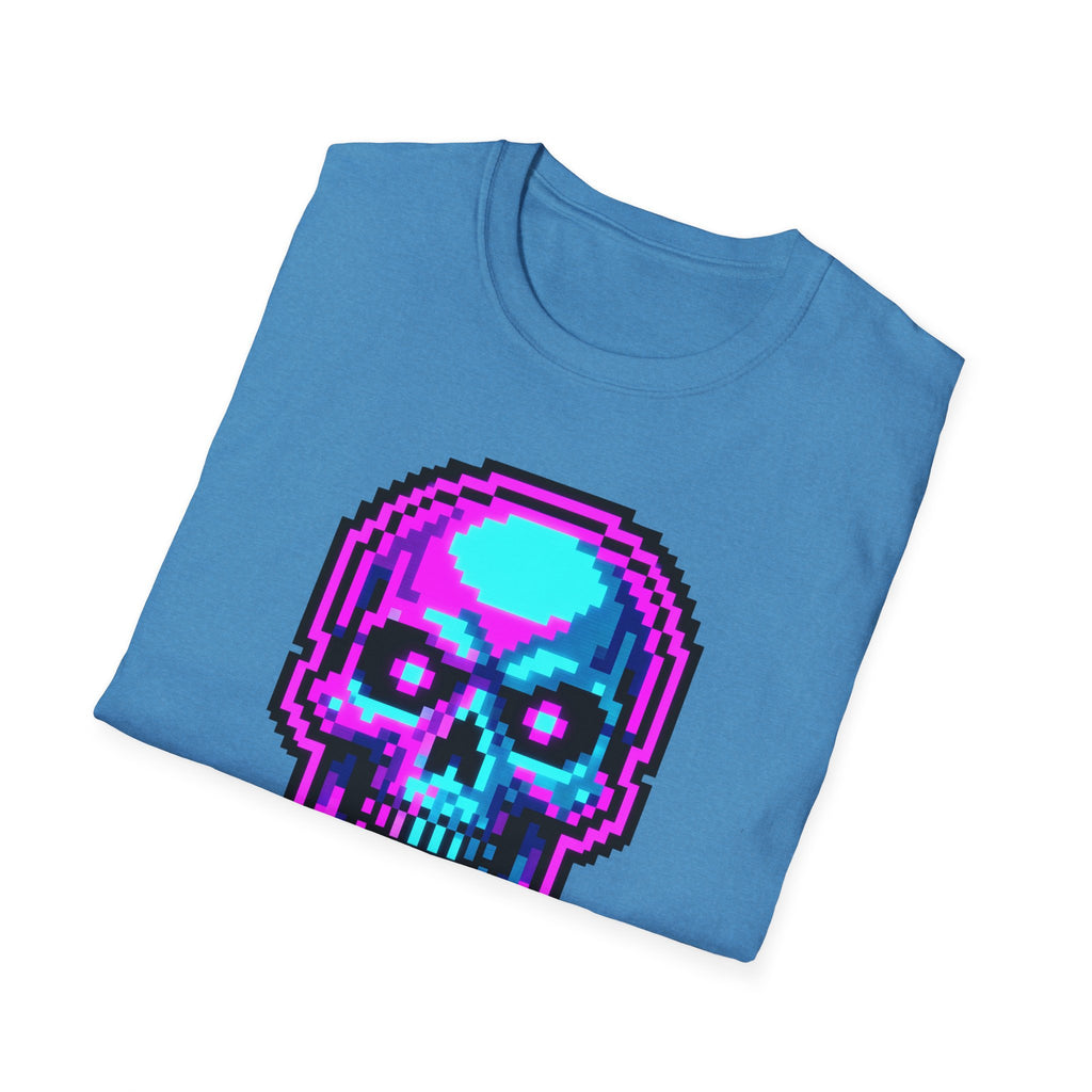 Heather sapphire Pixel skull Game Over t-shirt with 8-bit skeleton skull graphic