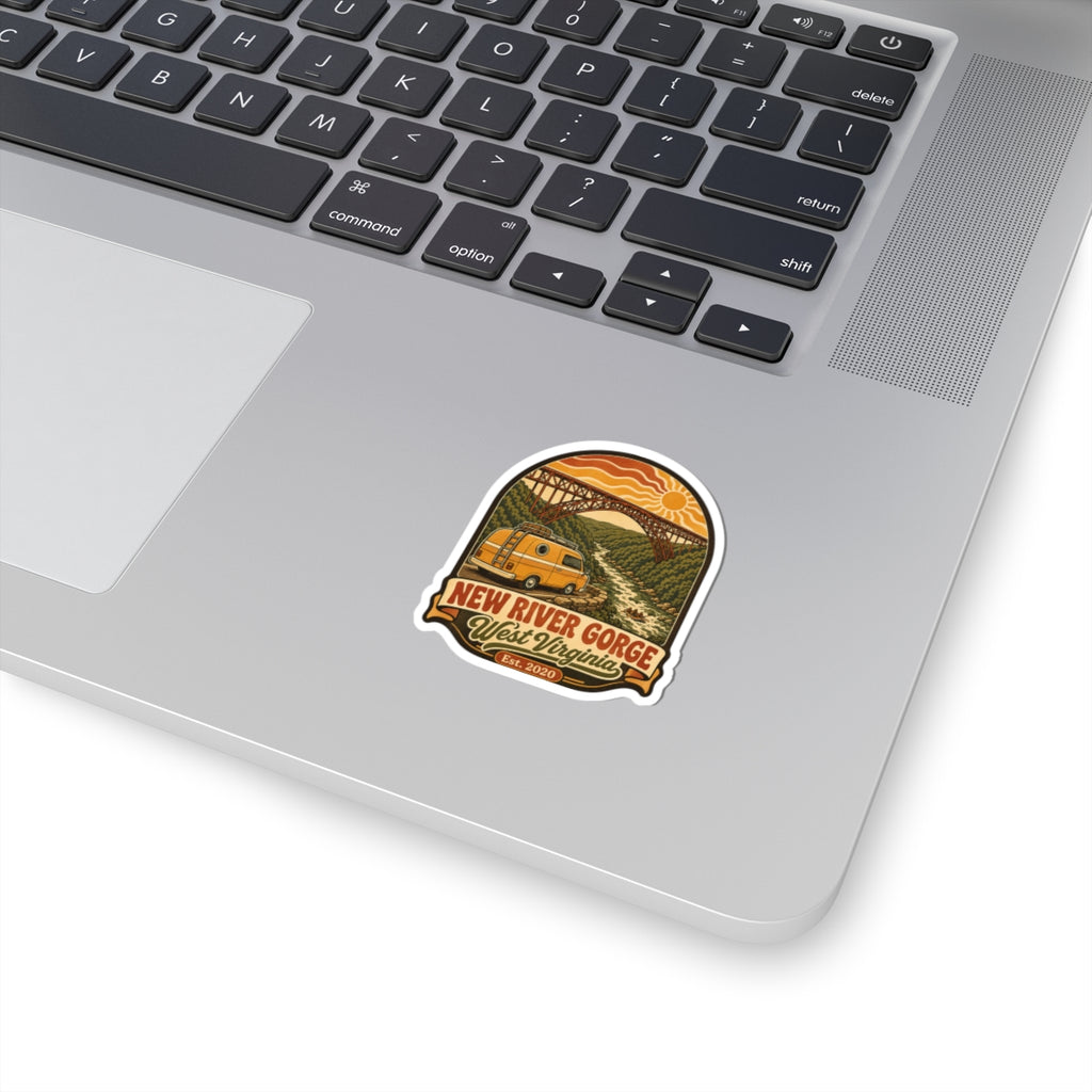 New River Gorge vintage-style sticker with colorful landscape illustration and West Virginia text