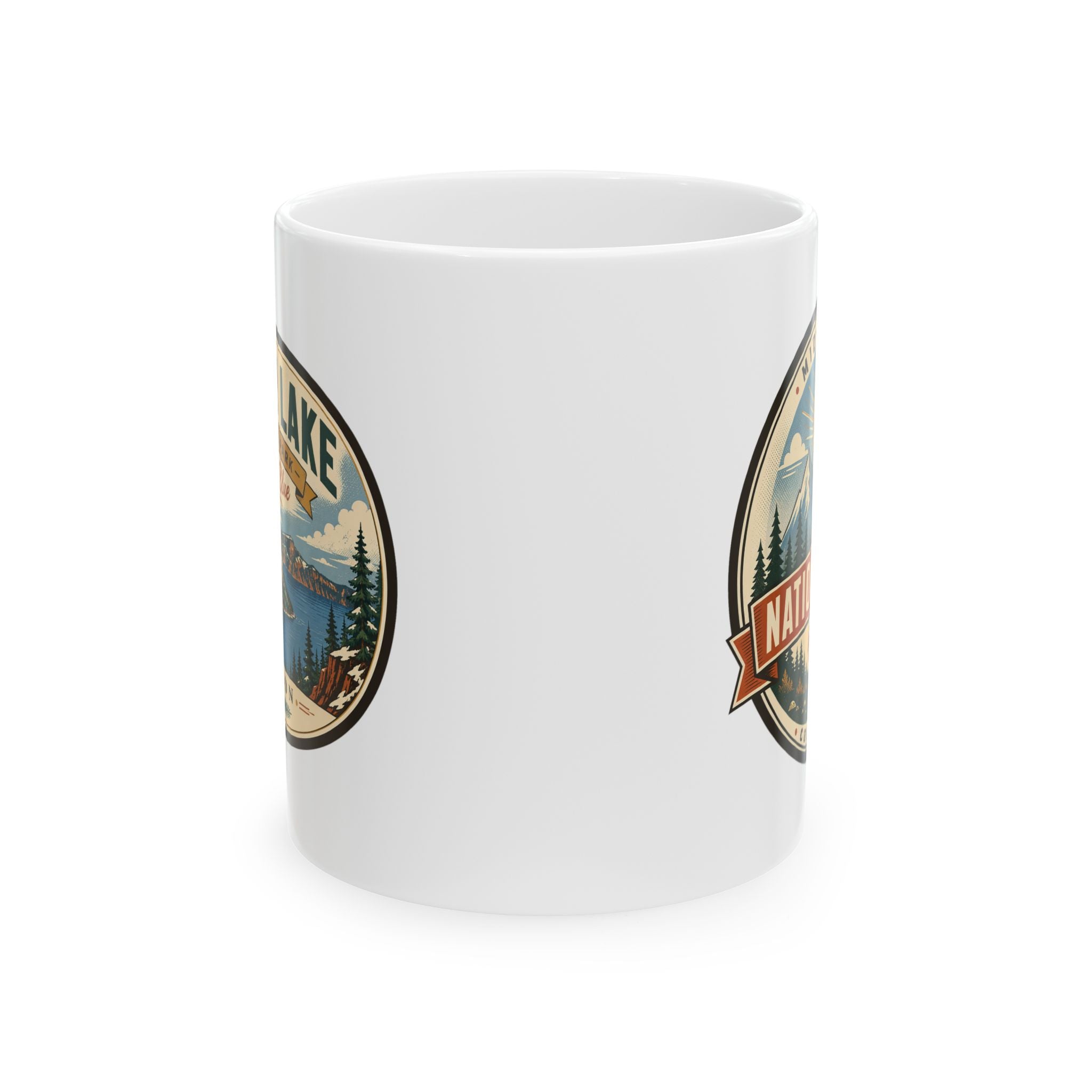 White ceramic mug with partial park logo print on back side view