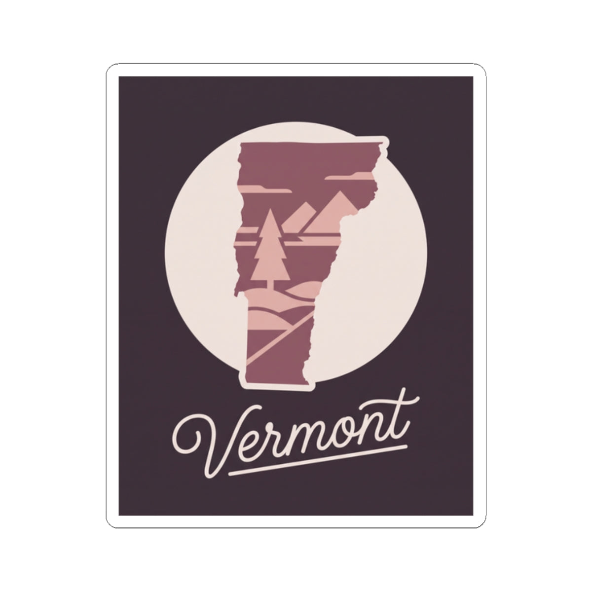 Vermont state outline decal with maroon tree artwork and 'Vermont' cursive, white die-cut edge