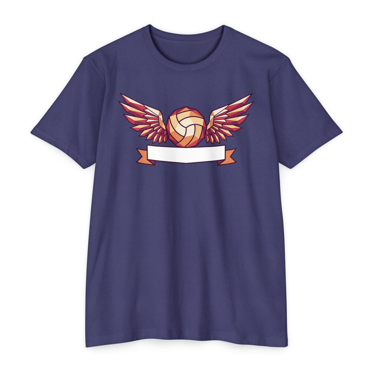 Purple volleyball T-shirt with winged ball graphic and banner ribbon design