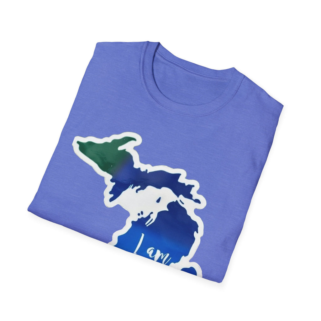Purple T-shirt folded top view with Michigan map heart graphic