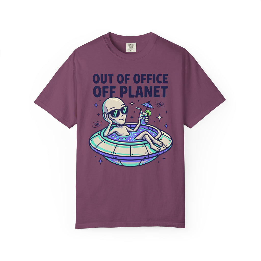Dark plum alien graphic T-shirt with floatie and 'OUT OF OFFICE OFF PLANET' text