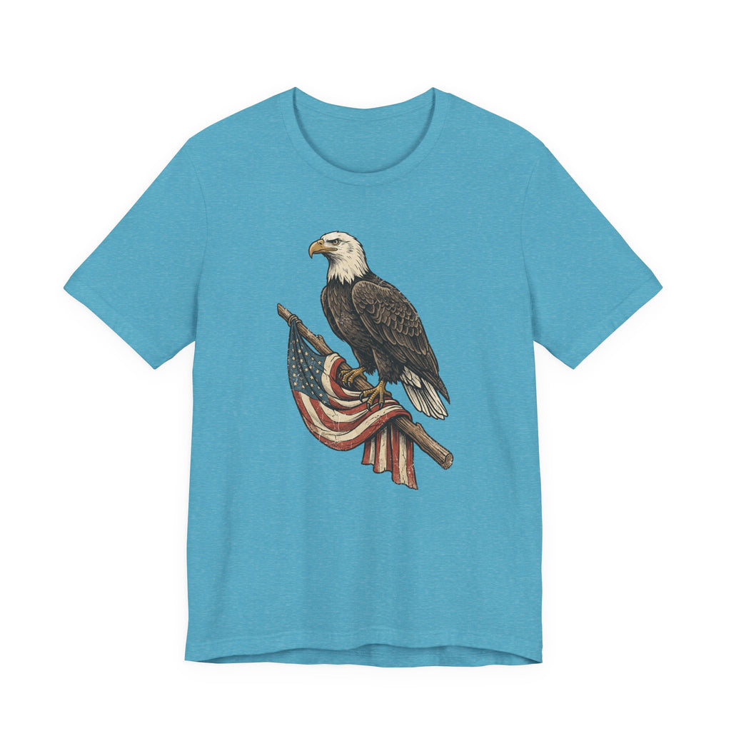 Aqua crewneck t-shirt with vintage bald eagle graphic holding American flag