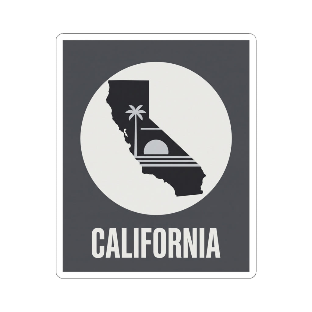 California state silhouette sticker featuring palm tree icon and CALIFORNIA text on dark square