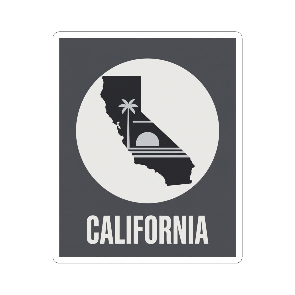 California state silhouette sticker featuring palm tree icon and CALIFORNIA text on dark square