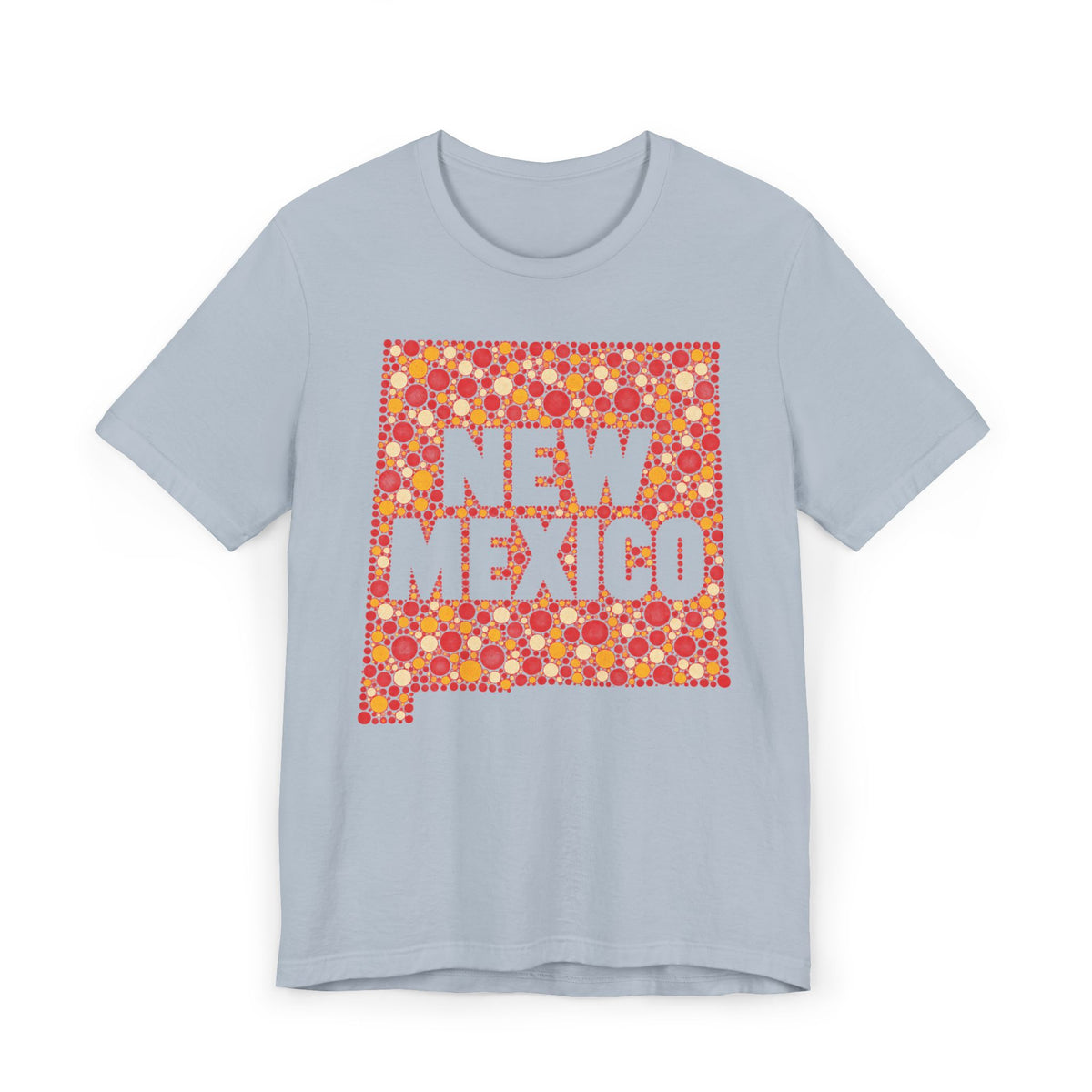 Light blue crewneck t-shirt with colorful New Mexico floral map graphic