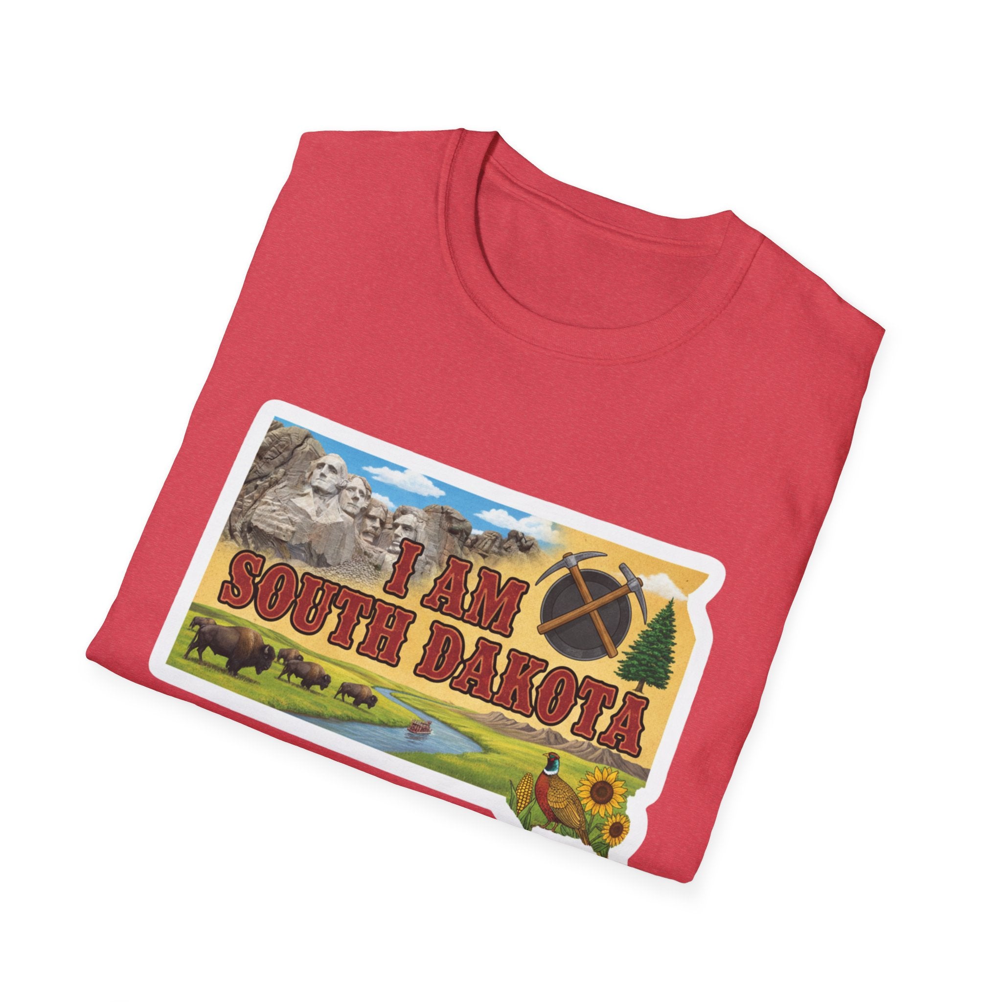 Antique cherry red T-shirt with “I AM SOUTH DAKOTA” graphic state scene