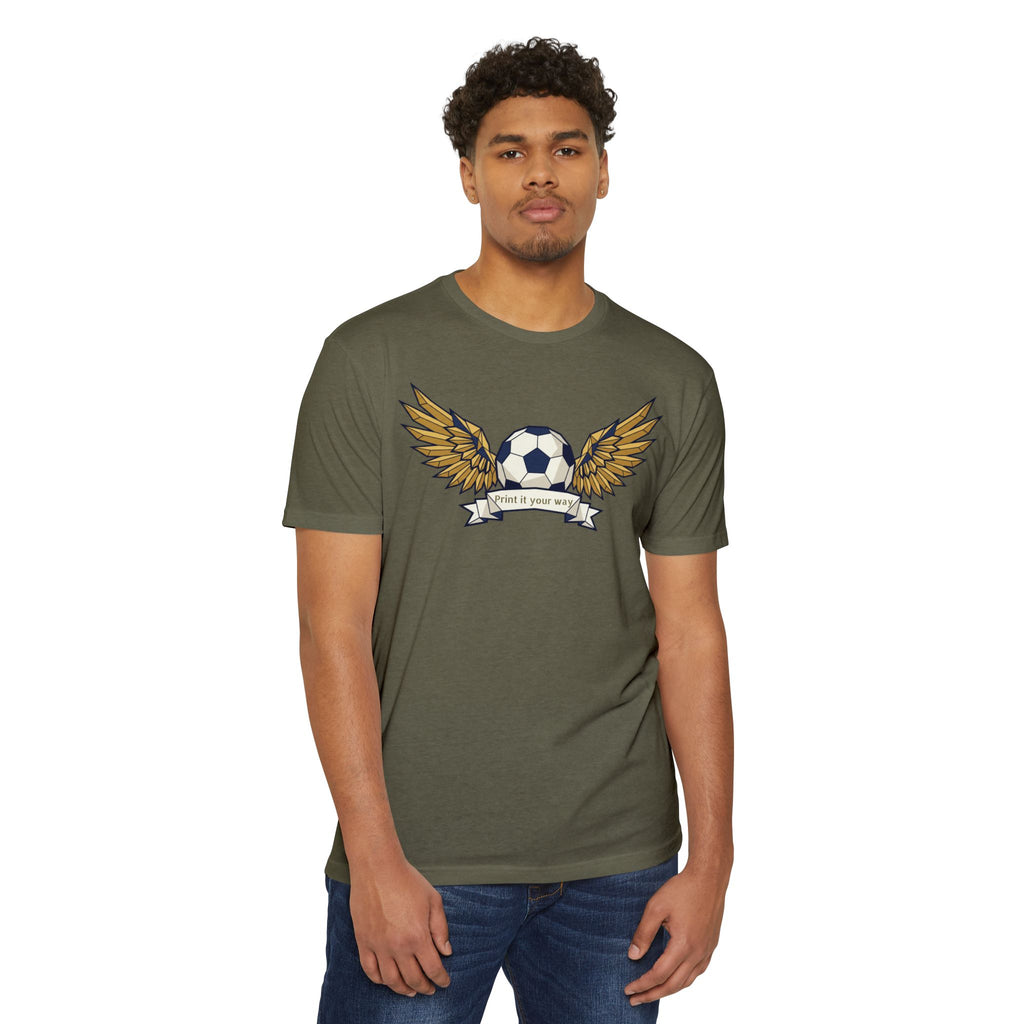 Unisex soccer t-shirt in olive green with winged soccer ball front graphic.