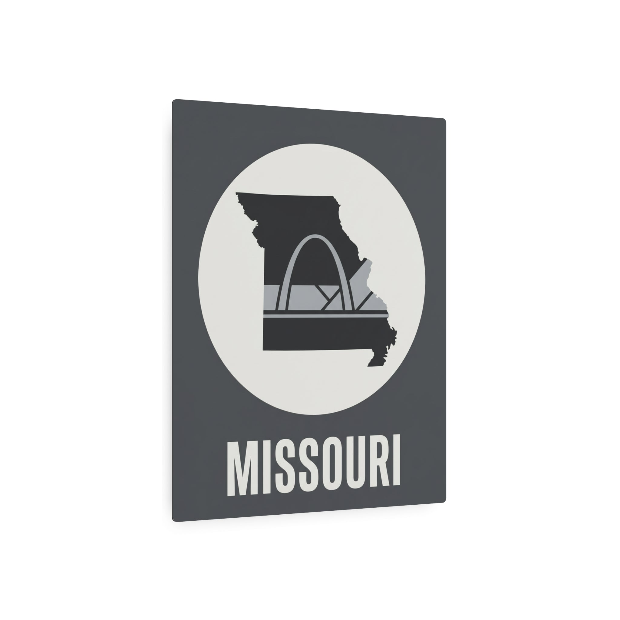 Missouri state metal wall art sign with Gateway Arch silhouette, circular badge, and “MISSOURI” text.
