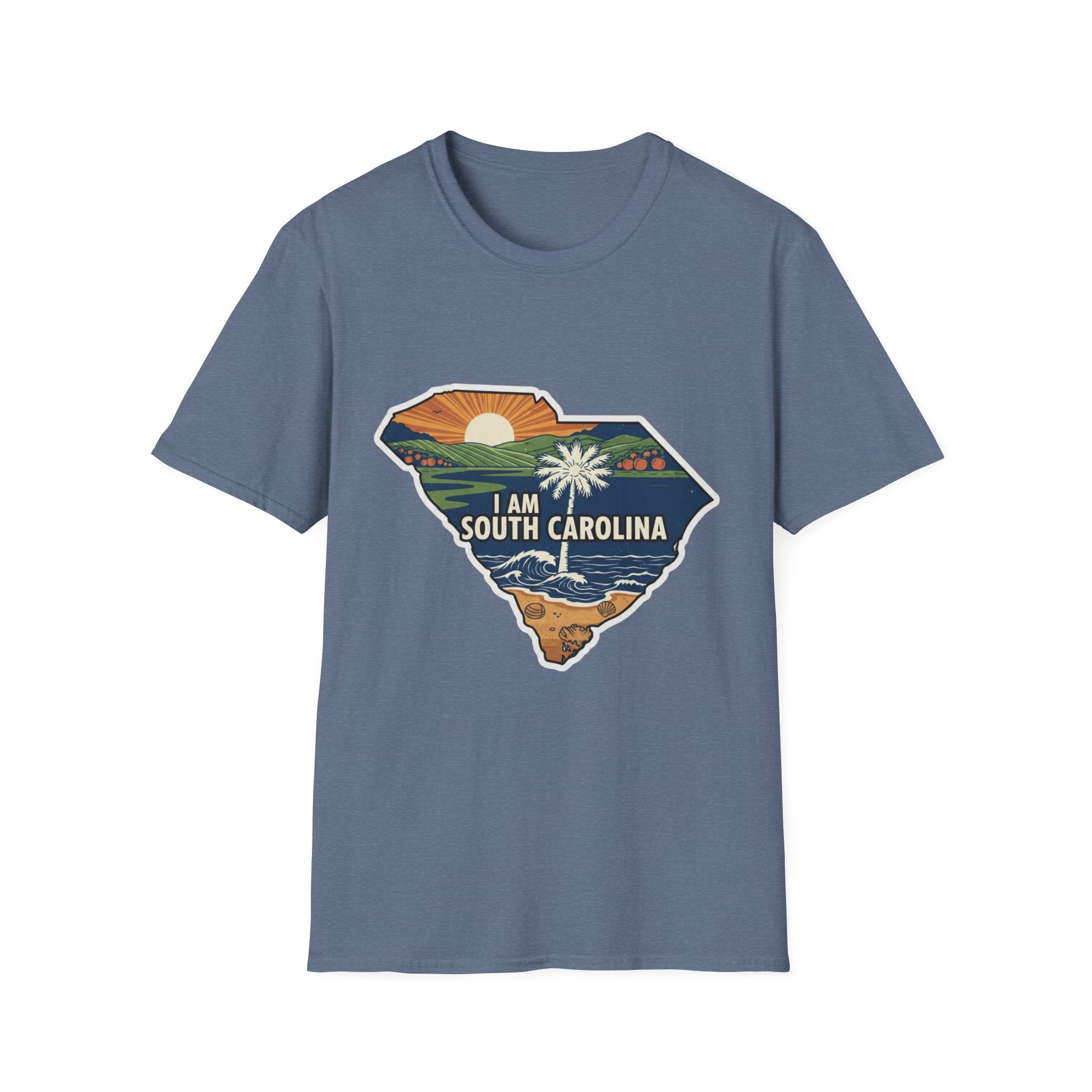 Heather Indigo T-shirt with South Carolina map graphic and “I AM SOUTH CAROLINA”