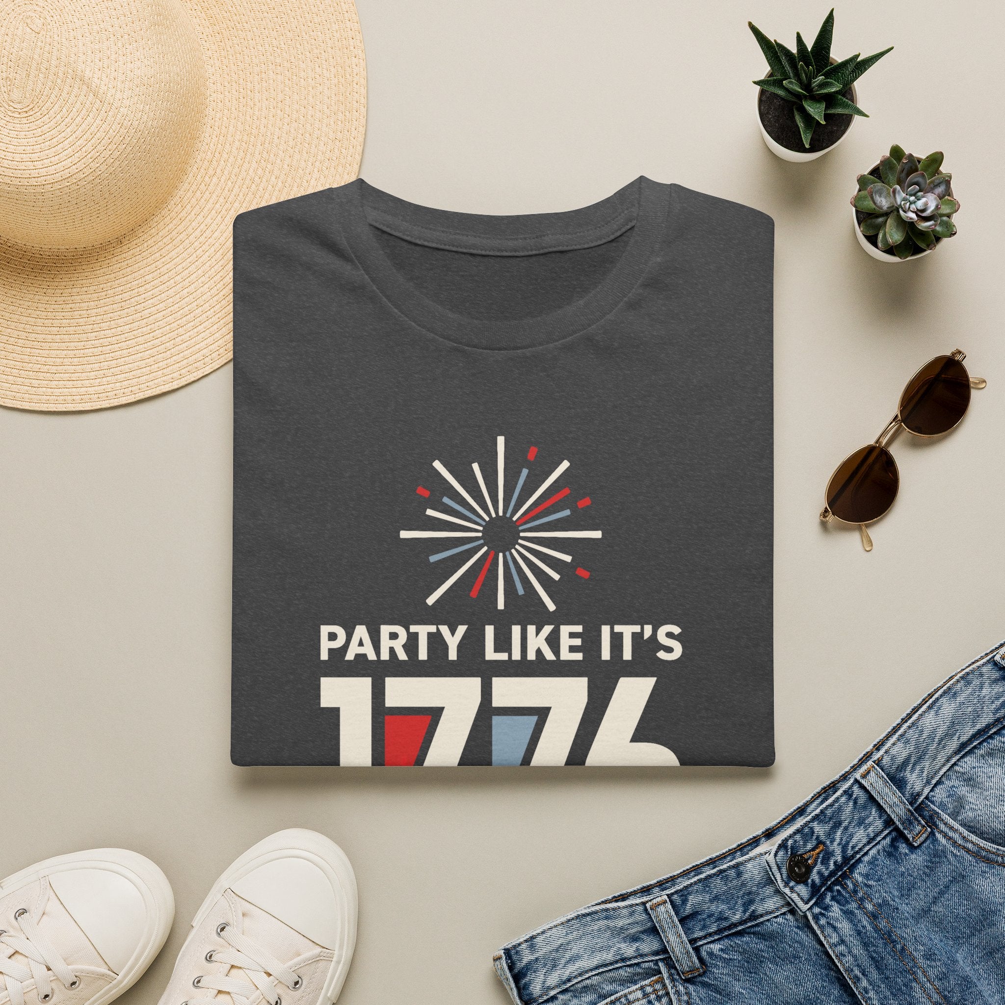 Dark T-shirt with fireworks 'PARTY LIKE IT'S 1776' graphic