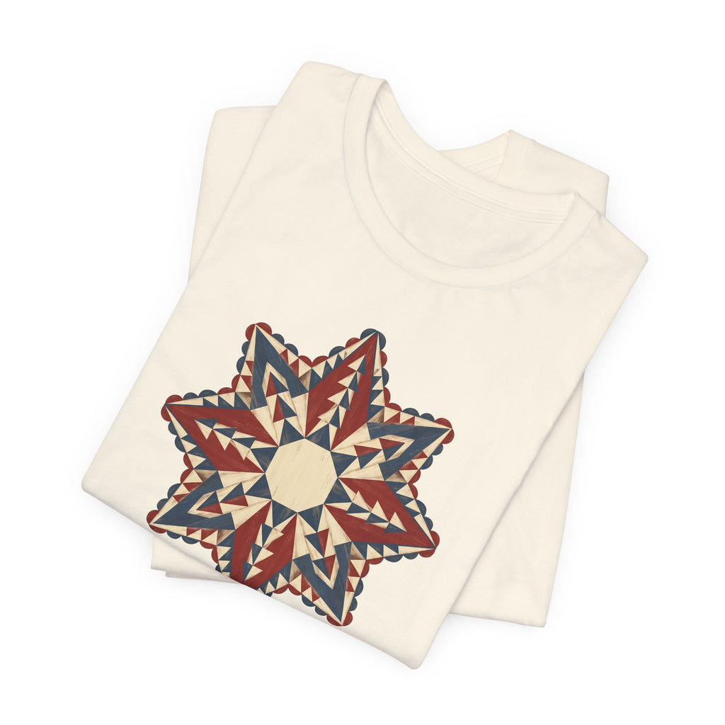 Natural crewneck graphic tee with colorful Southwestern star mandala print on chest