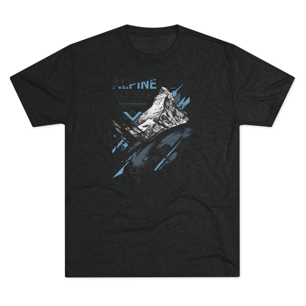 Black T-shirt with mountain peak graphic and blue accent paint splashes