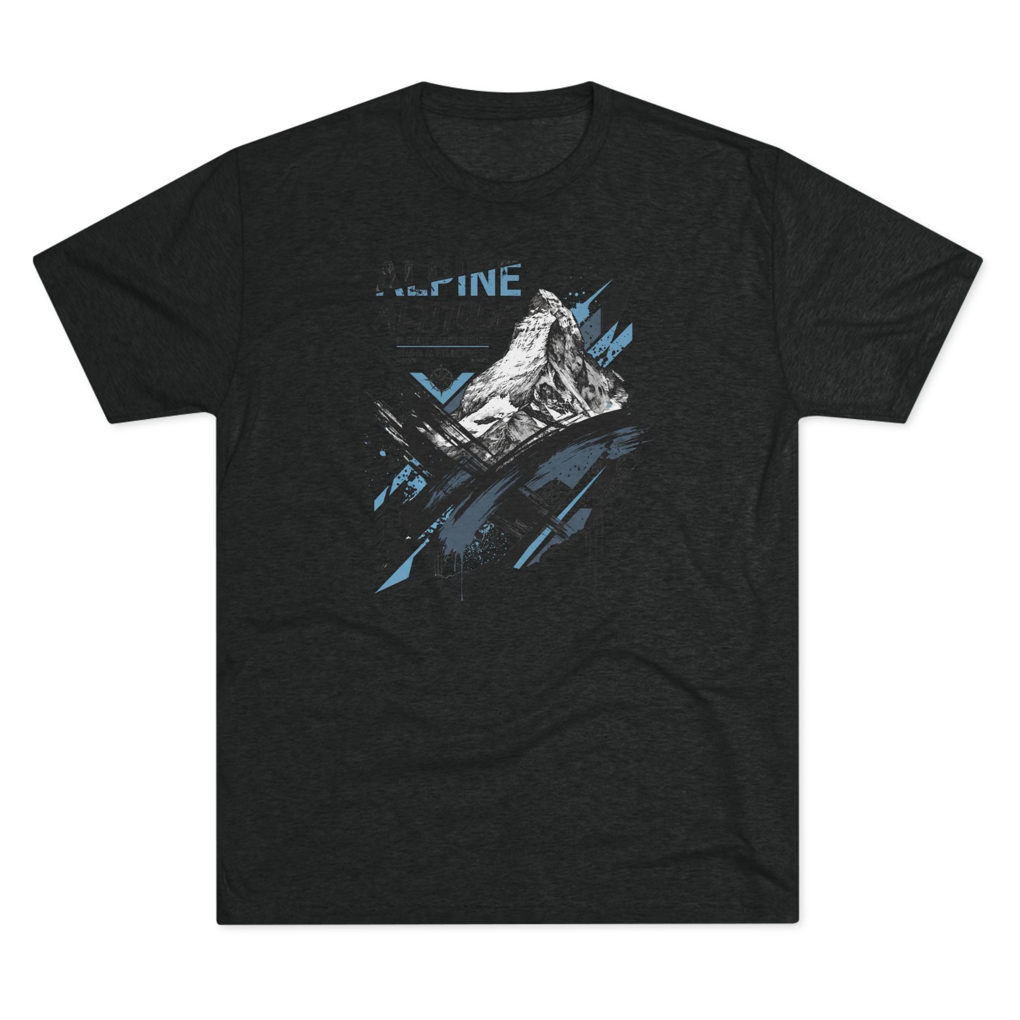 Black T-shirt with mountain peak graphic and blue accent paint splashes