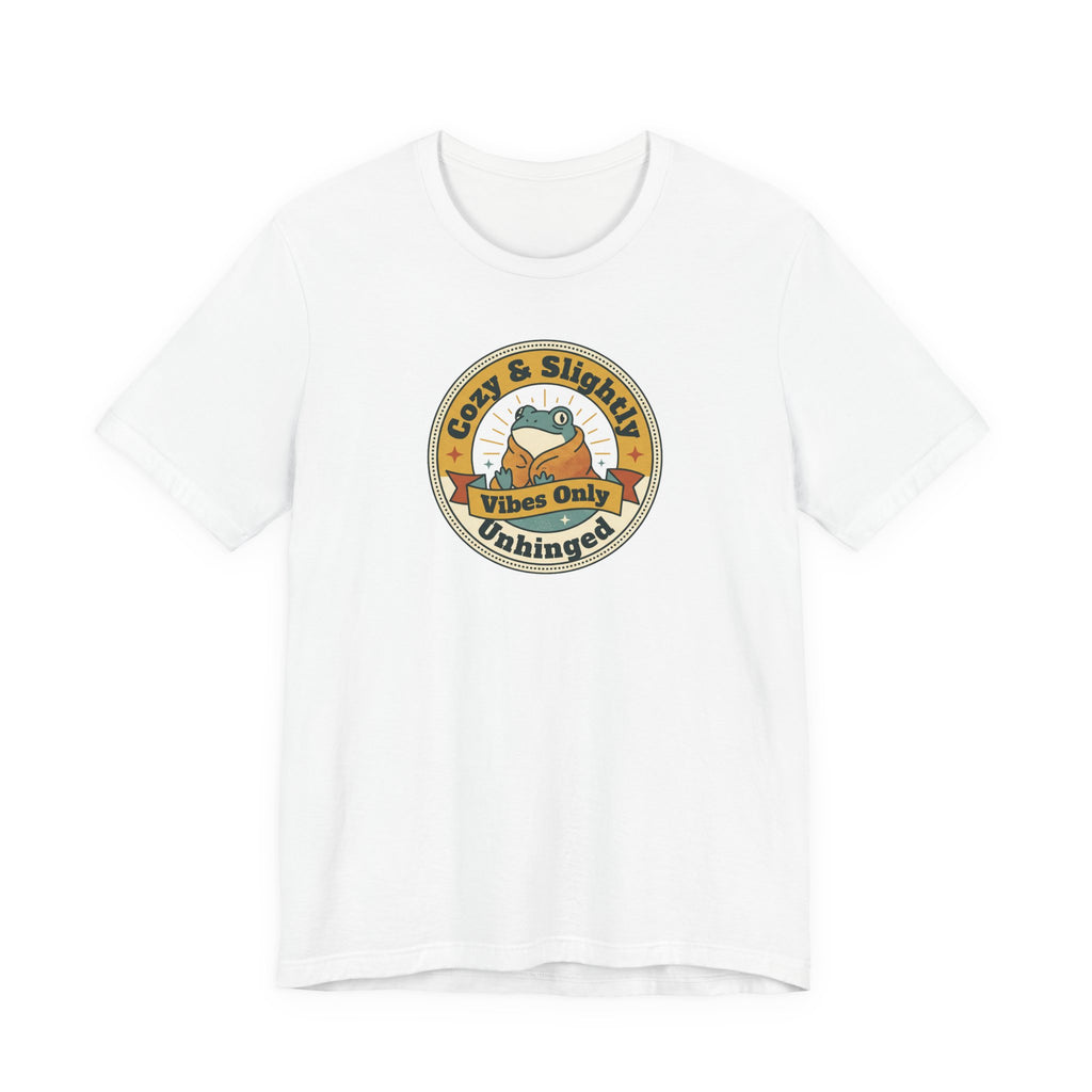 White sloth graphic T-shirt with round emblem on chest