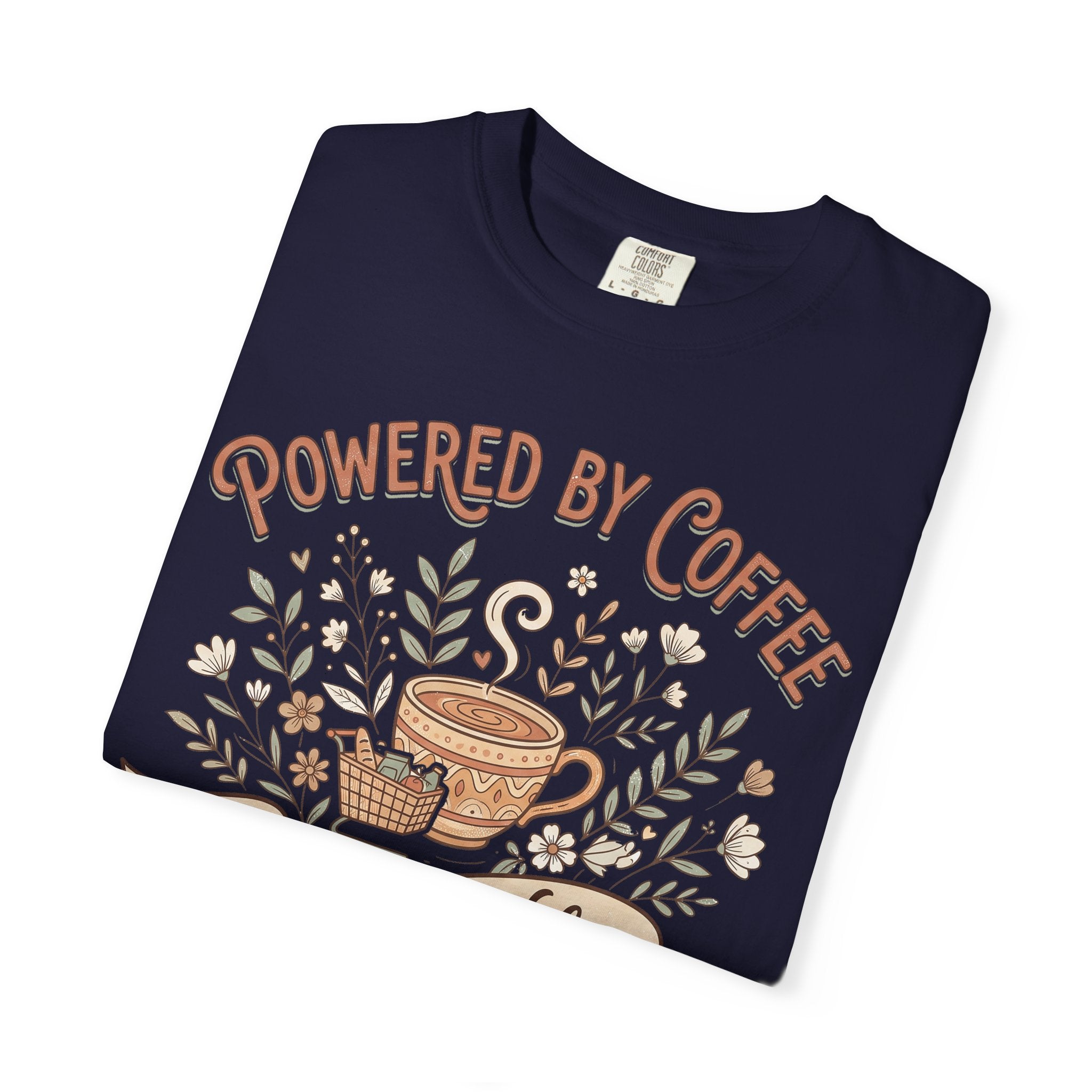 Navy T-shirt with "Powered by Coffee" floral coffee cup graphic