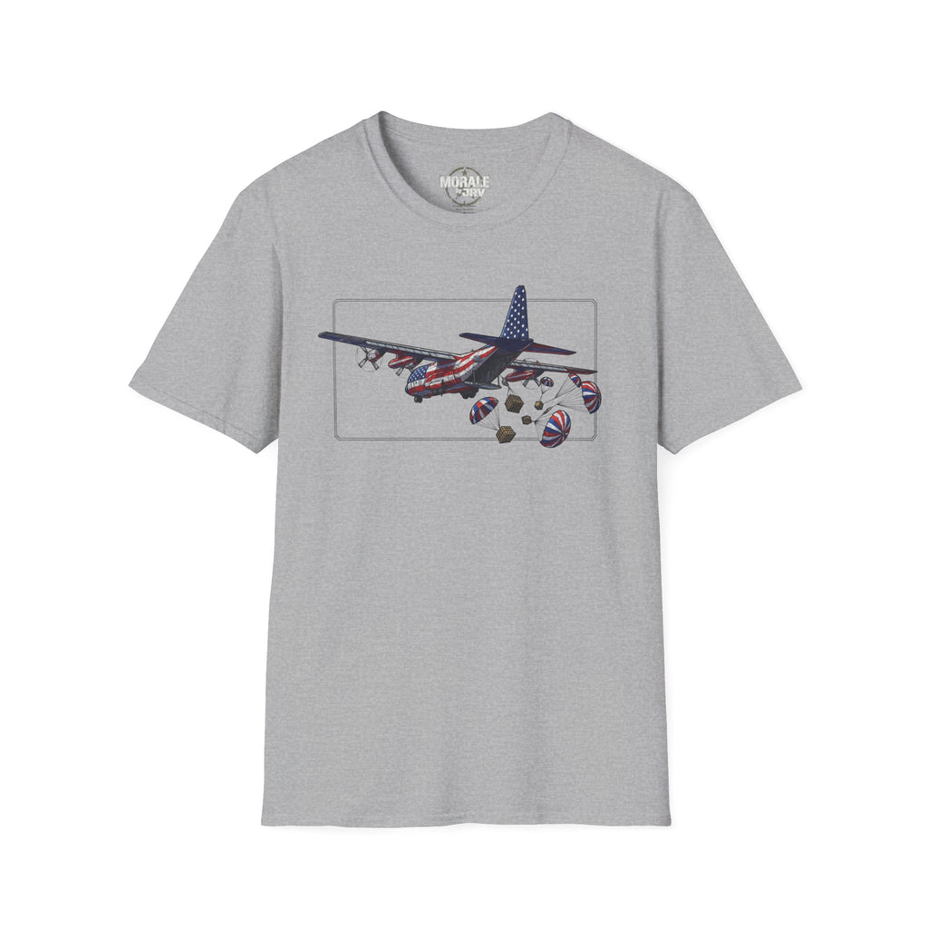 Grau meliertes C-130 T‑Shirt mit Grafik von Flugzeug und Fallschirm-Paketen