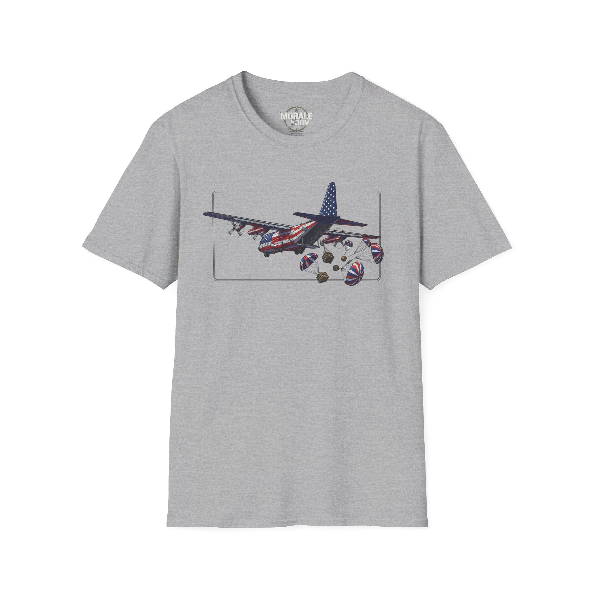 Grau meliertes C-130 T‑Shirt mit Grafik von Flugzeug und Fallschirm-Paketen