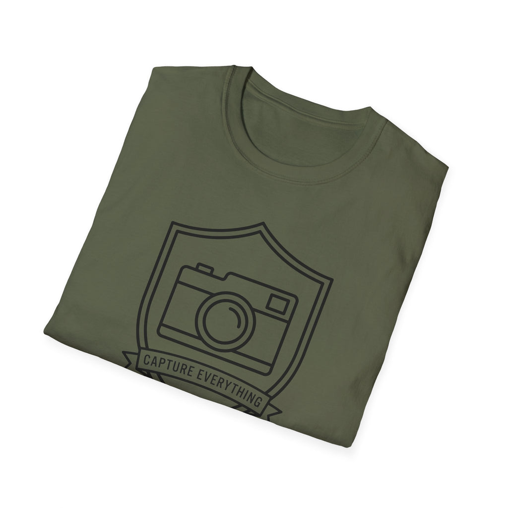 Military green T-shirt with camera emblem graphic and “Capture Everything” text