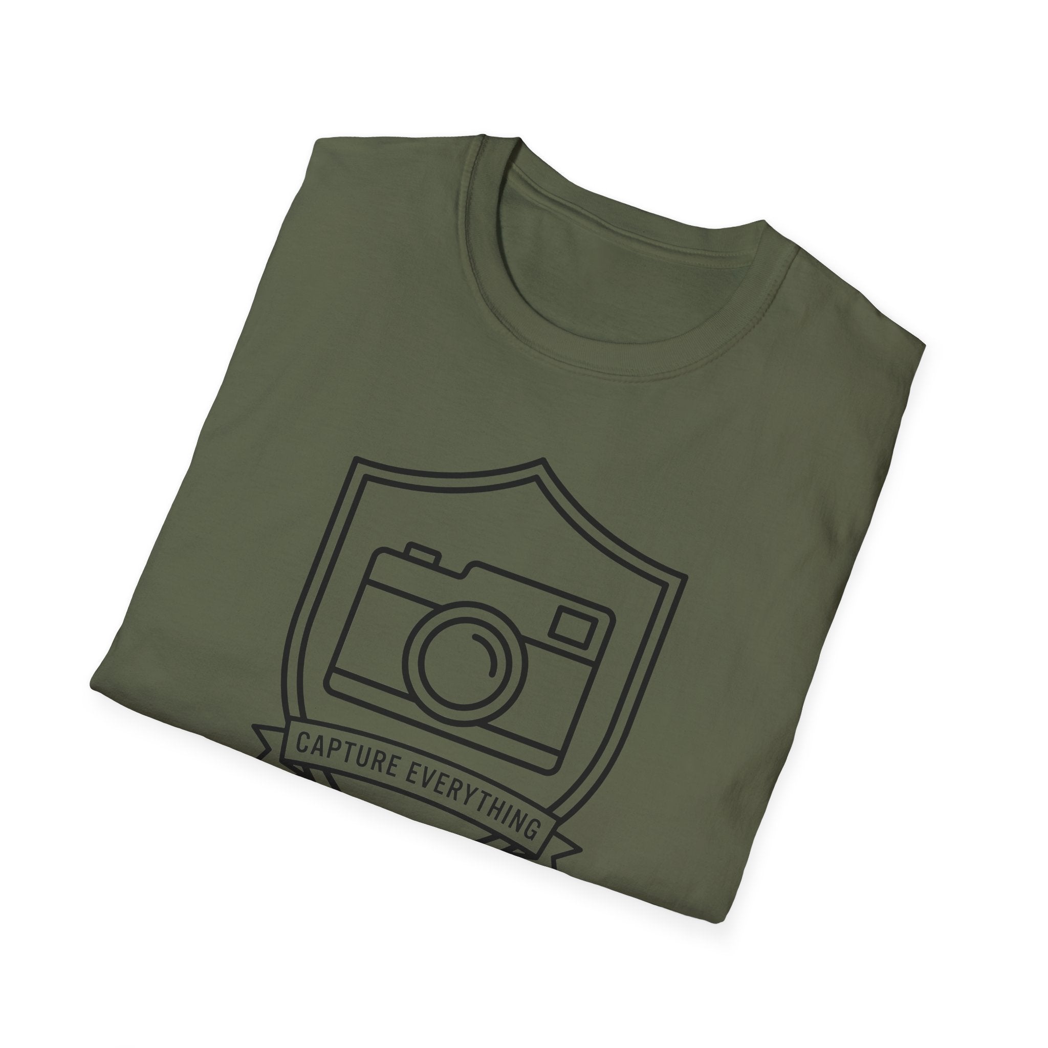 Military green T-shirt with camera emblem graphic and “Capture Everything” text