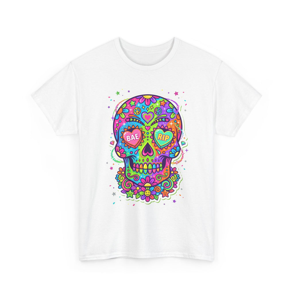 Colorful sugar skull graphic T-shirt, crew neck front in white