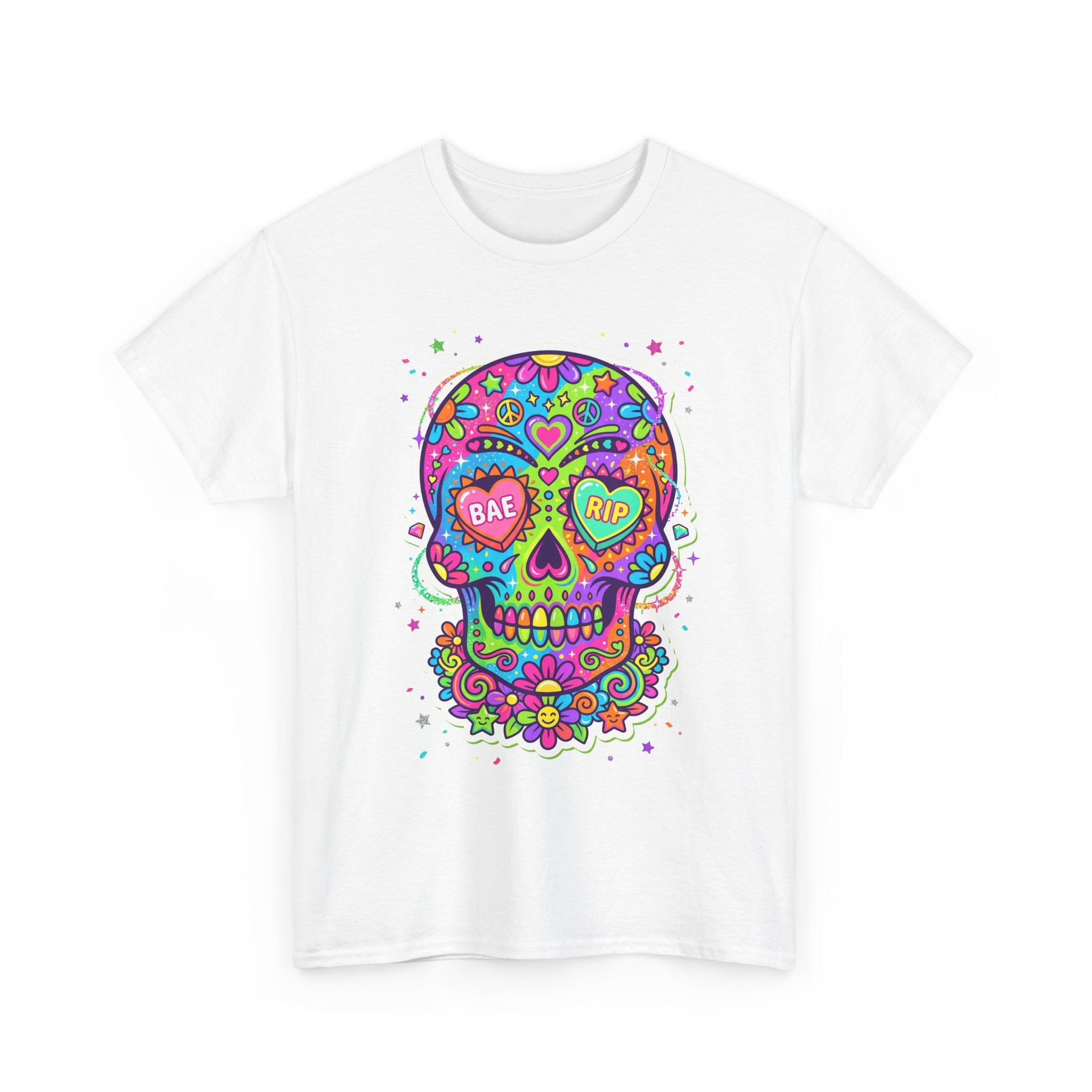 Colorful sugar skull graphic T-shirt, crew neck front in white