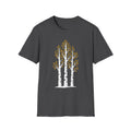 Charcoal T-shirt with minimalist birch trees and golden autumn leaves, crew neck