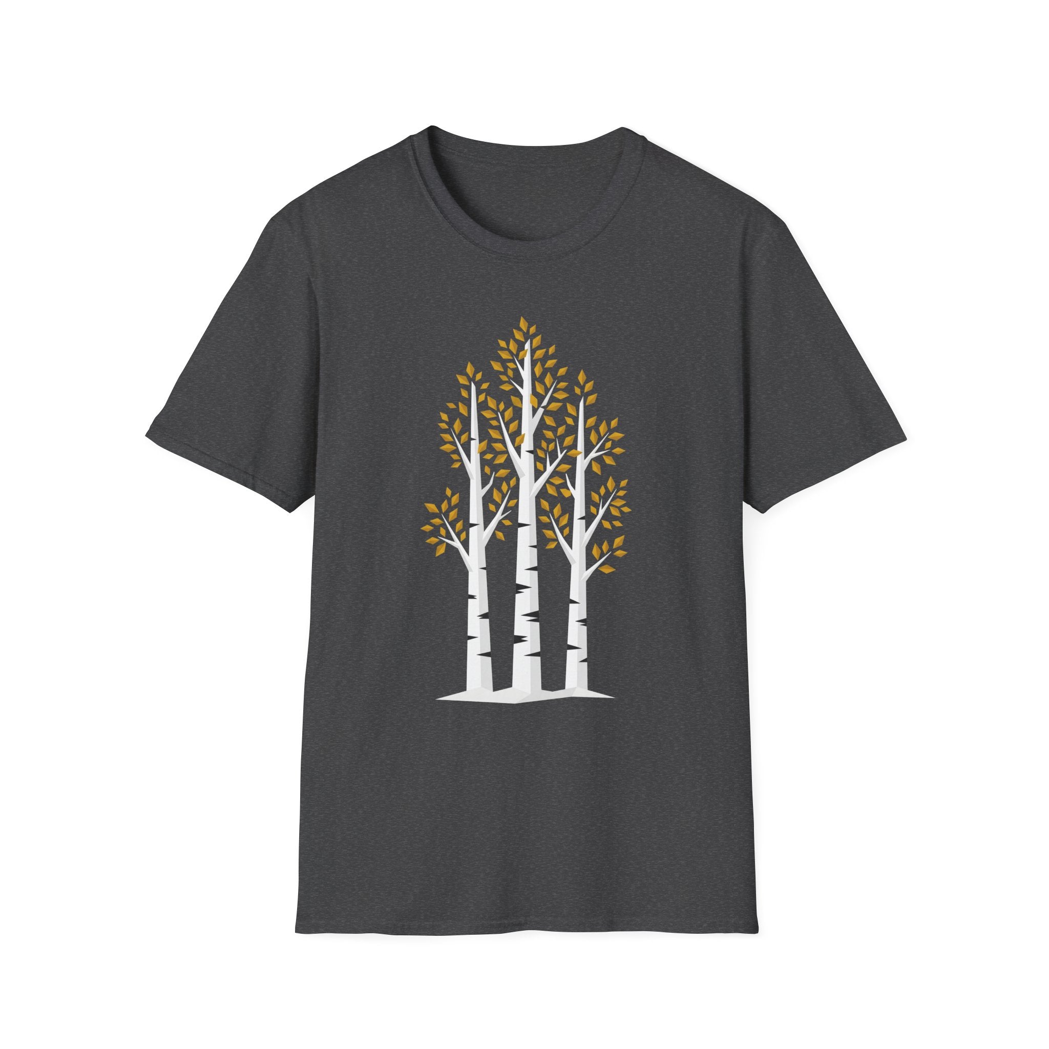 Charcoal T-shirt with minimalist birch trees and golden autumn leaves, crew neck