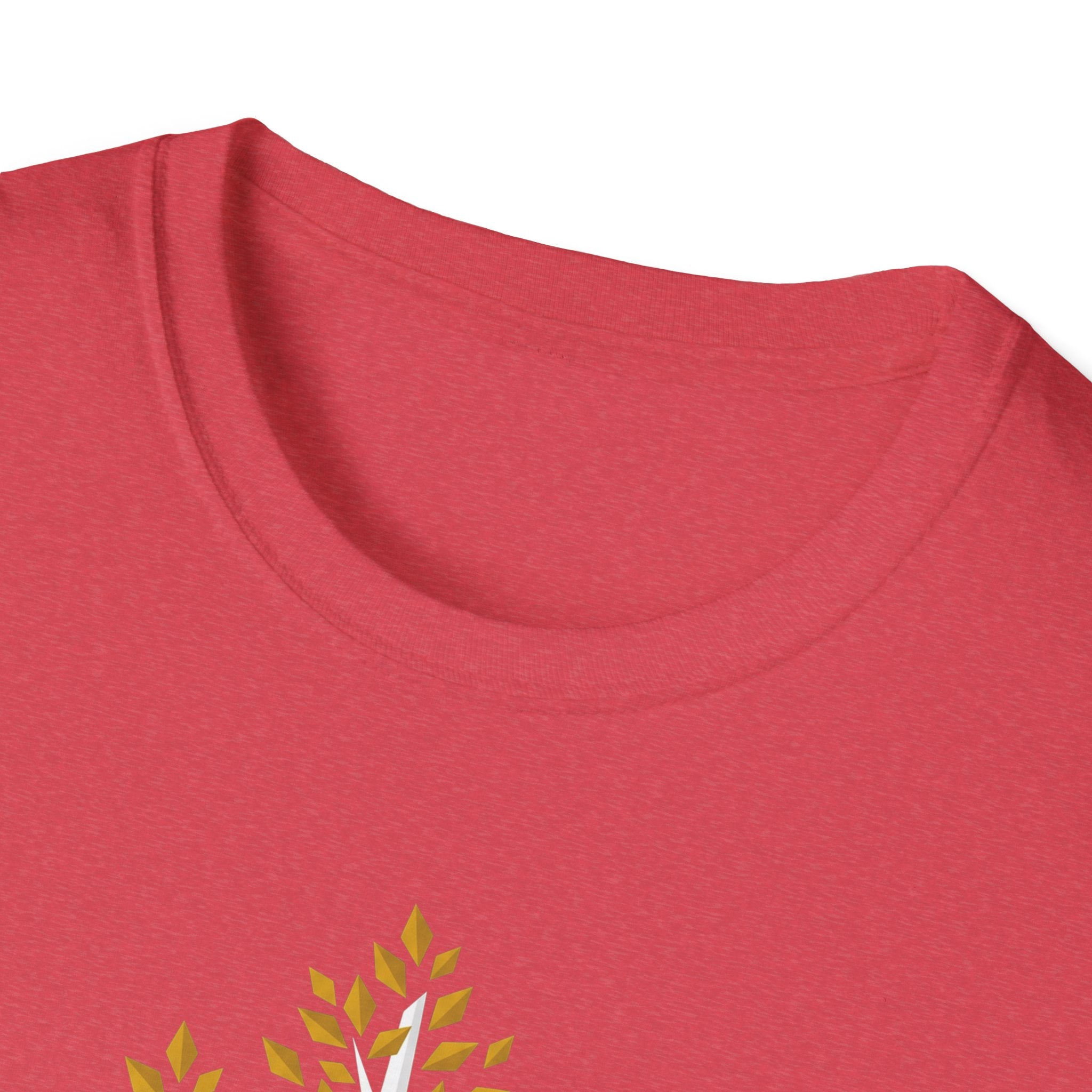 Red T-shirt close-up of crew neck with partial autumn leaf tree graphic