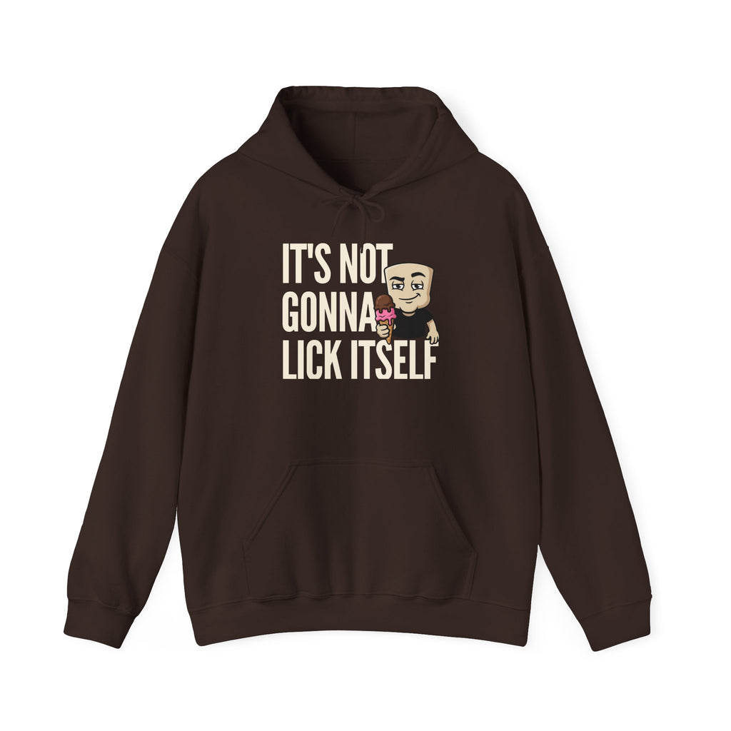 Dark brown hoodie with front pocket, hood, and ice cream character 'IT'S NOT...' graphic.