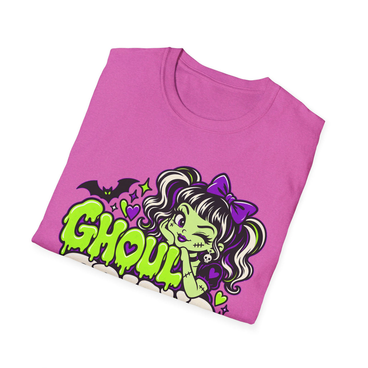 Pink Halloween t-shirt with green “GHOUL” text and cartoon monster girl illustration