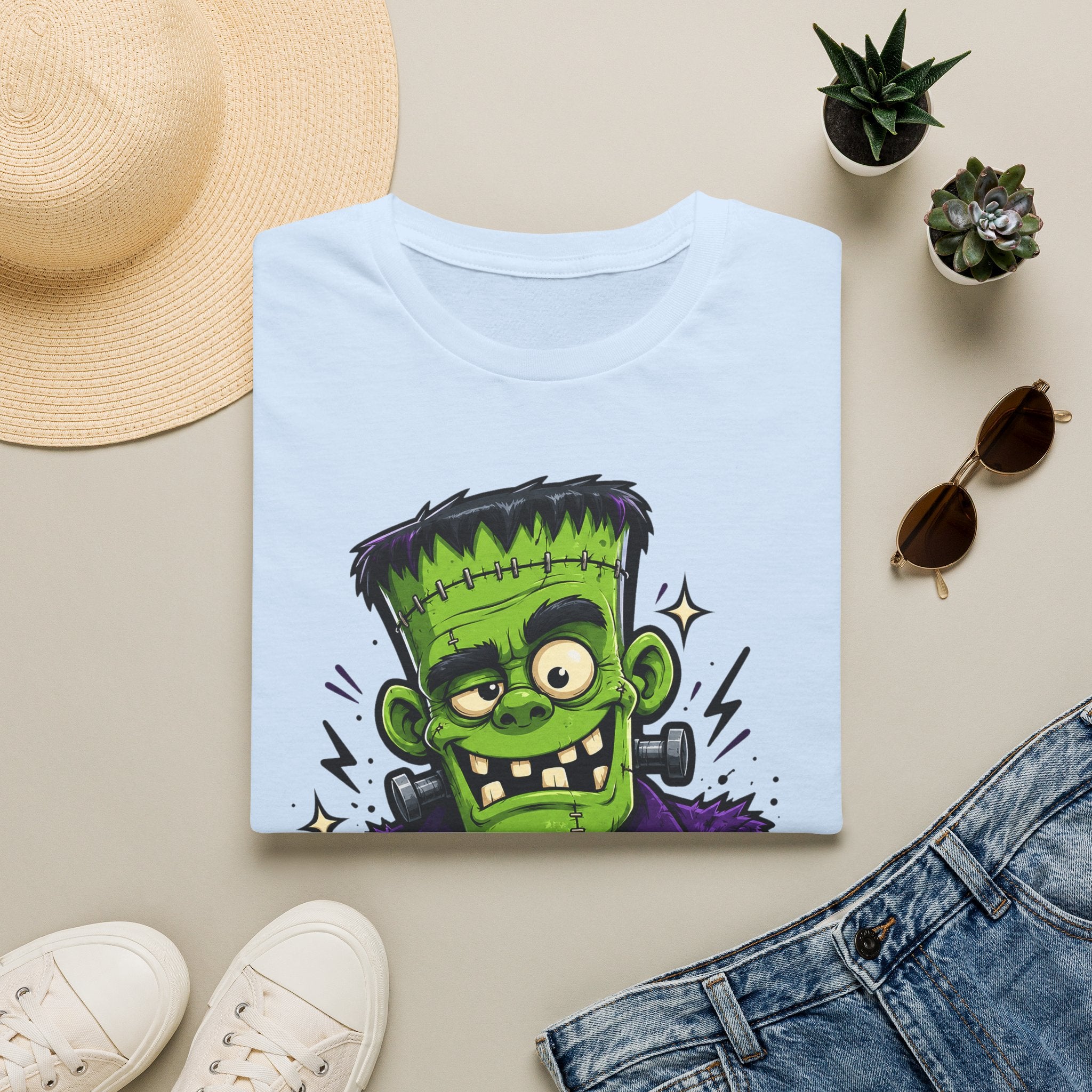 Light blue crew-neck T-shirt with green Frankenstein-style monster face graphic