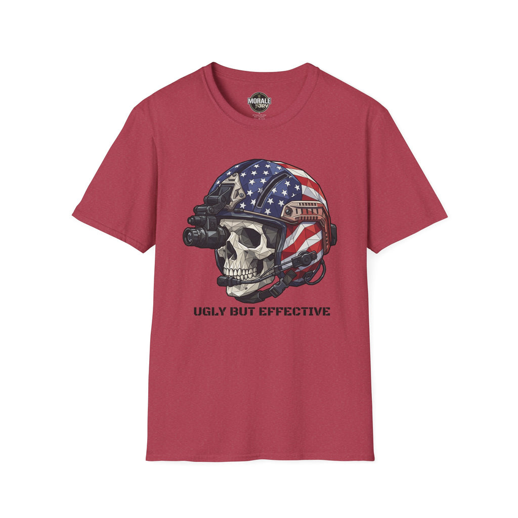 American Flag skull tactical helmet graphic T-shirt, red crew neck
