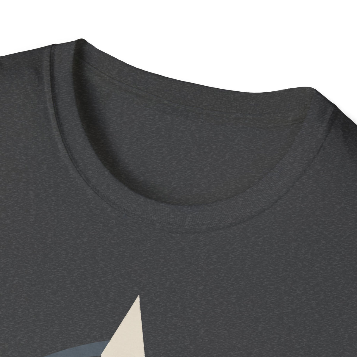 Dark gray crew-neck T-shirt, close-up of collar and upper chest