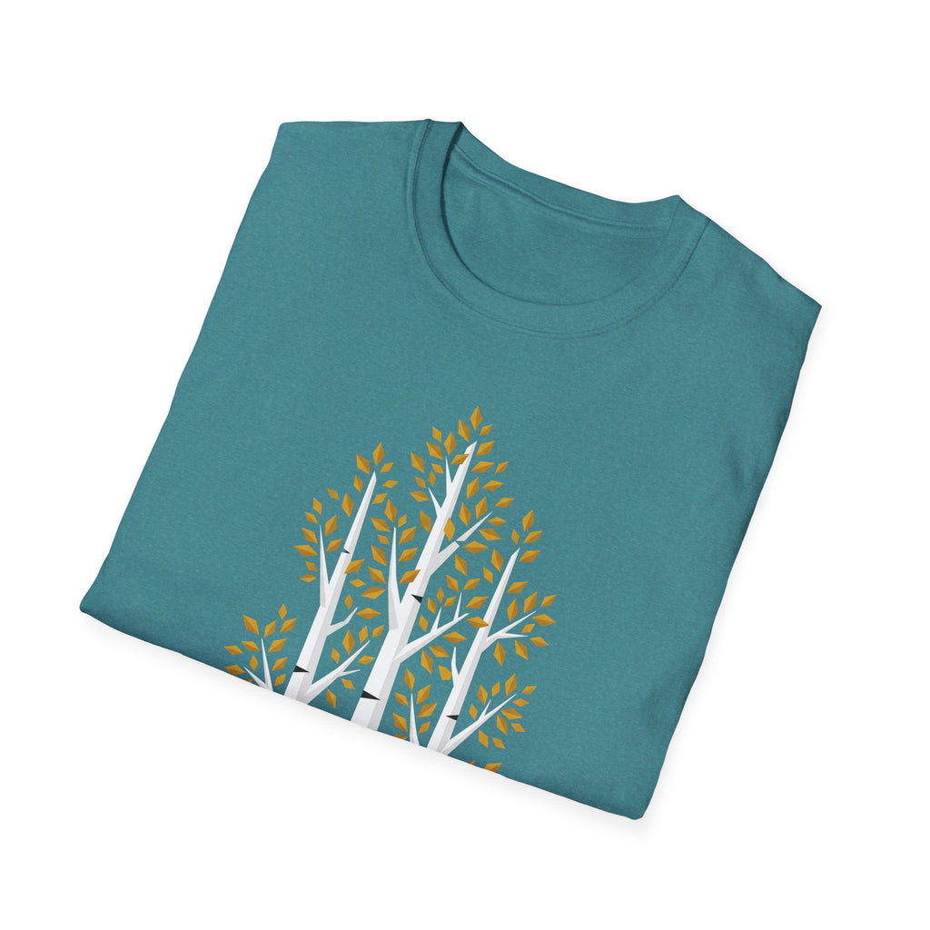 Teal T-Shirt, Vorderdruck mit Bäumen und goldenen Herbstblättern