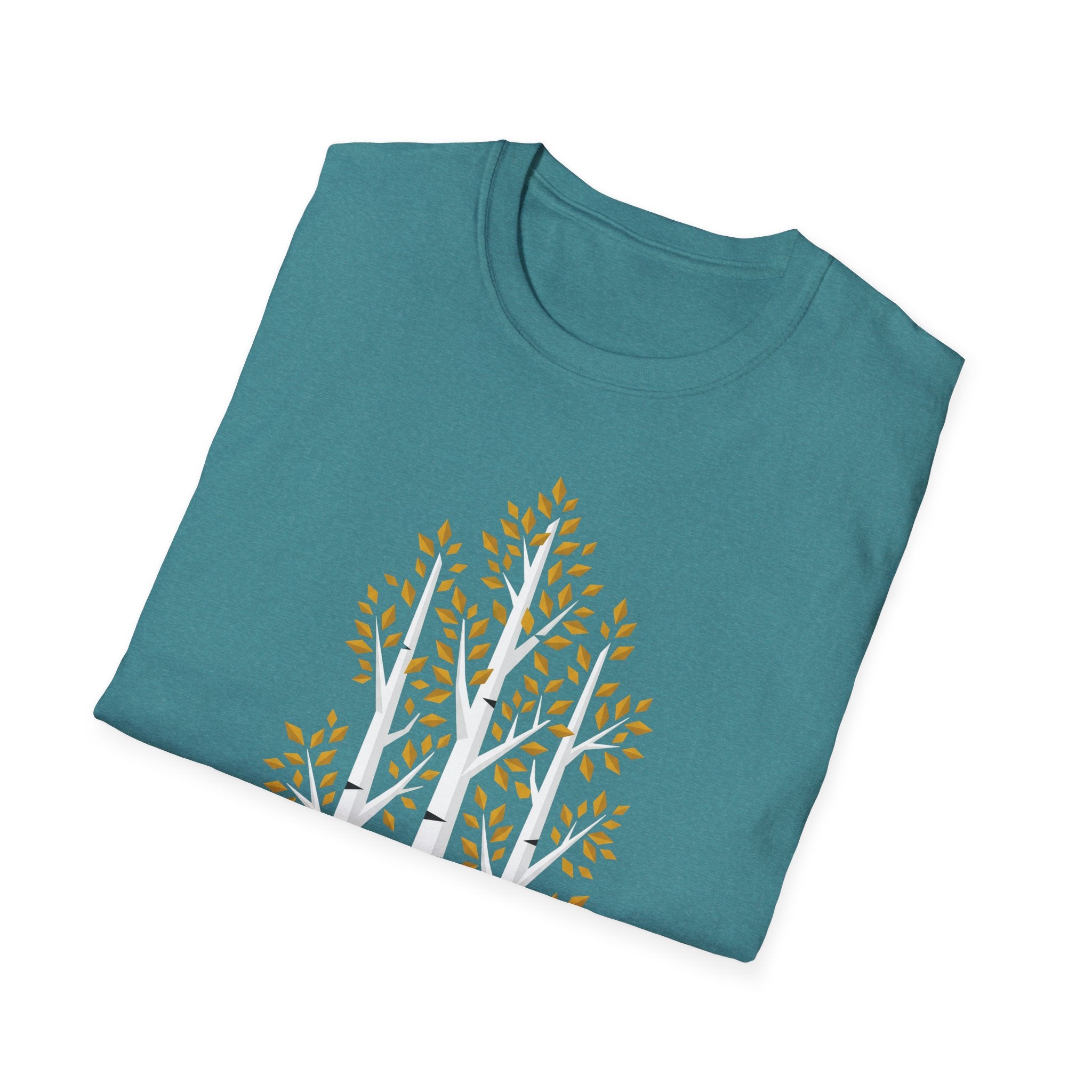 Teal T-Shirt, Vorderdruck mit Bäumen und goldenen Herbstblättern