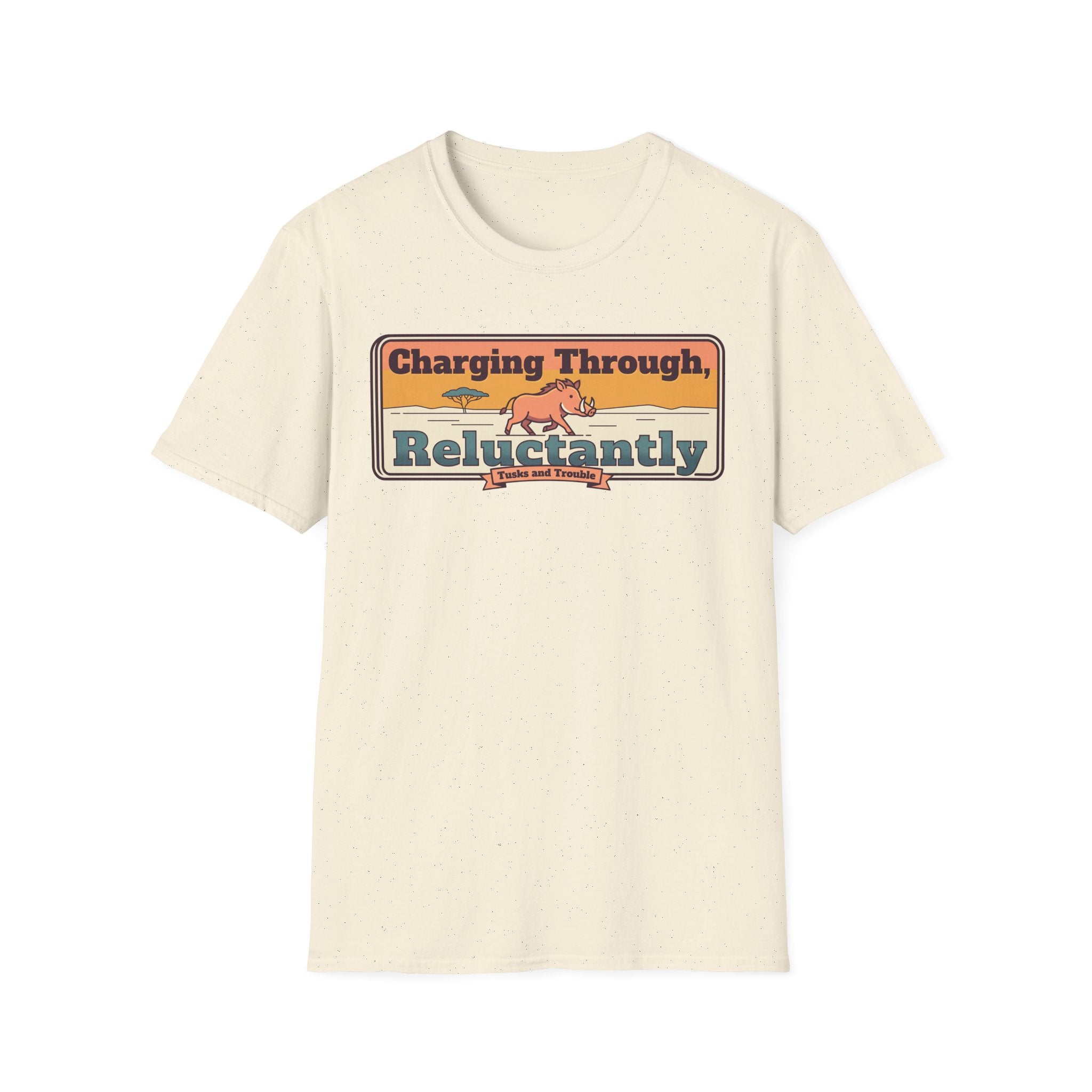 Natural T-shirt with front charging-through reluctantly graphic, crew neck