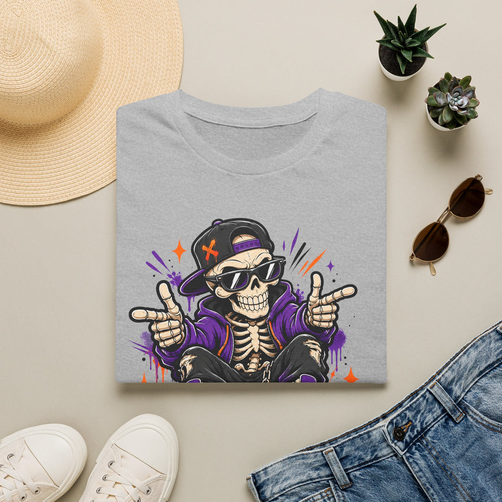 Light gray skeleton DJ T-shirt with purple headphones and skull hand-gesture graphic