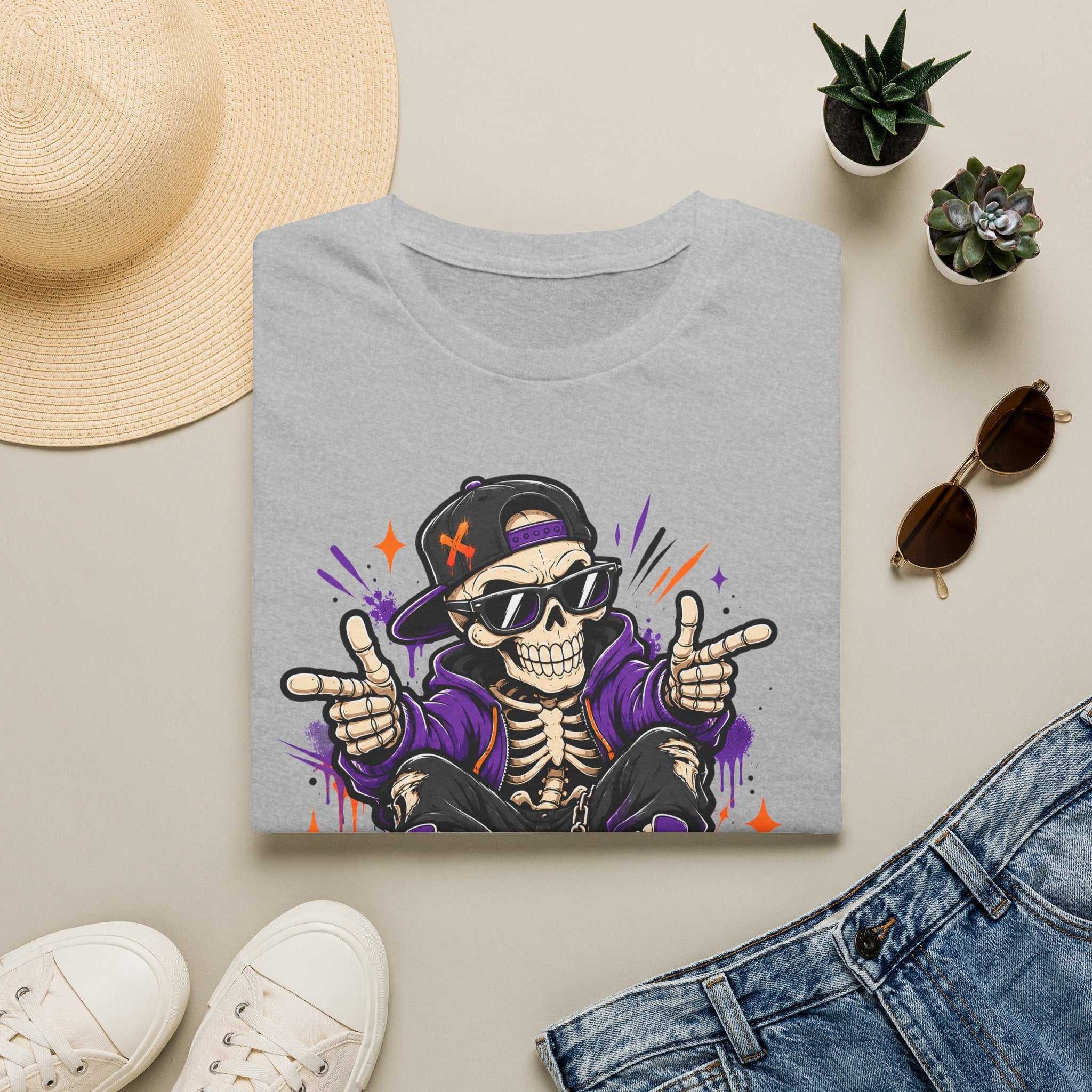 Light gray skeleton DJ T-shirt with purple headphones and skull hand-gesture graphic
