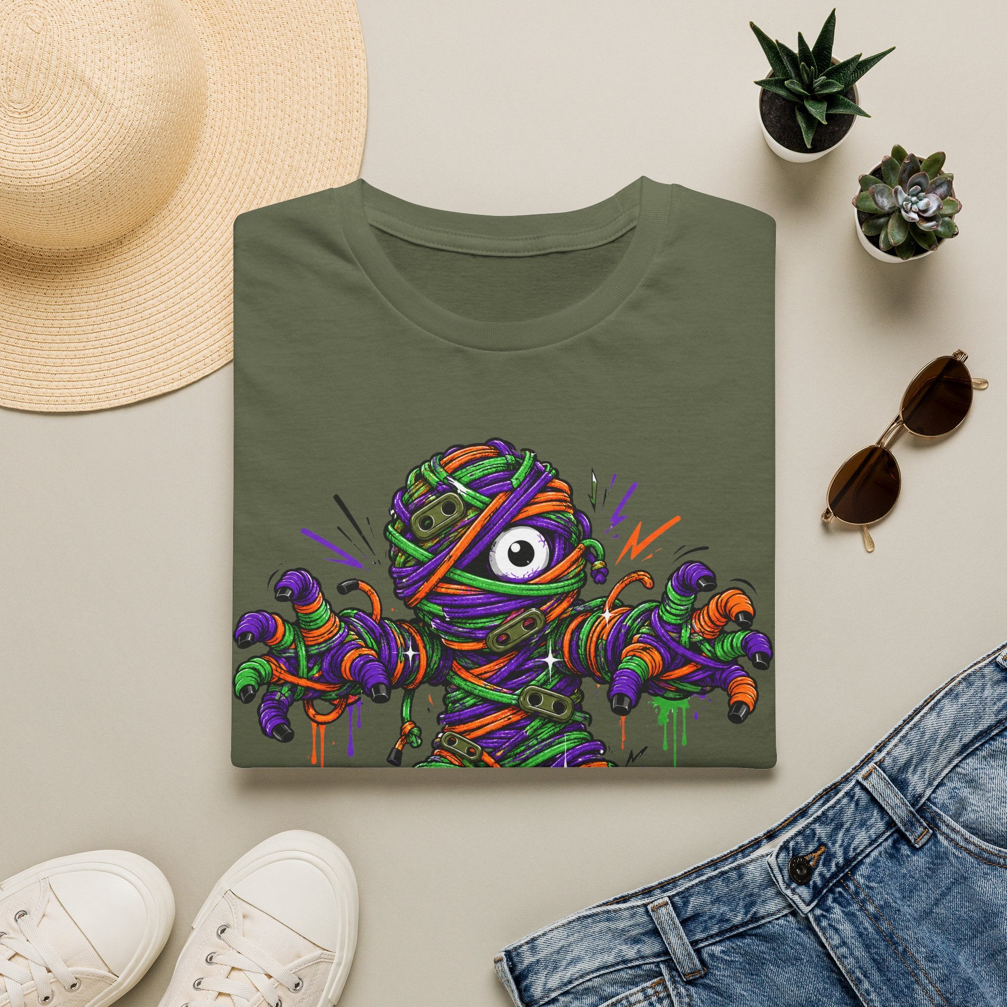 Olive green graphic T-shirt with rainbow-wrapped mummy monster eye illustration