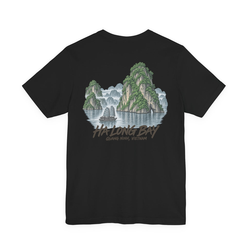 Black T-shirt with Ha Long Bay landscape graphic print on the chest