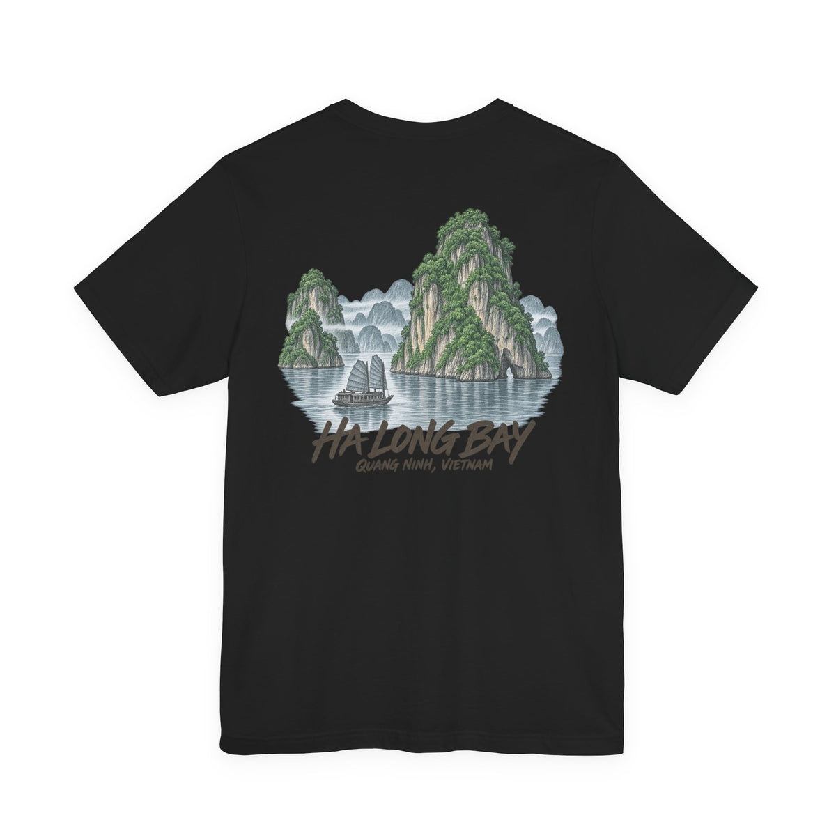 Black T-shirt with Ha Long Bay landscape graphic print on the chest