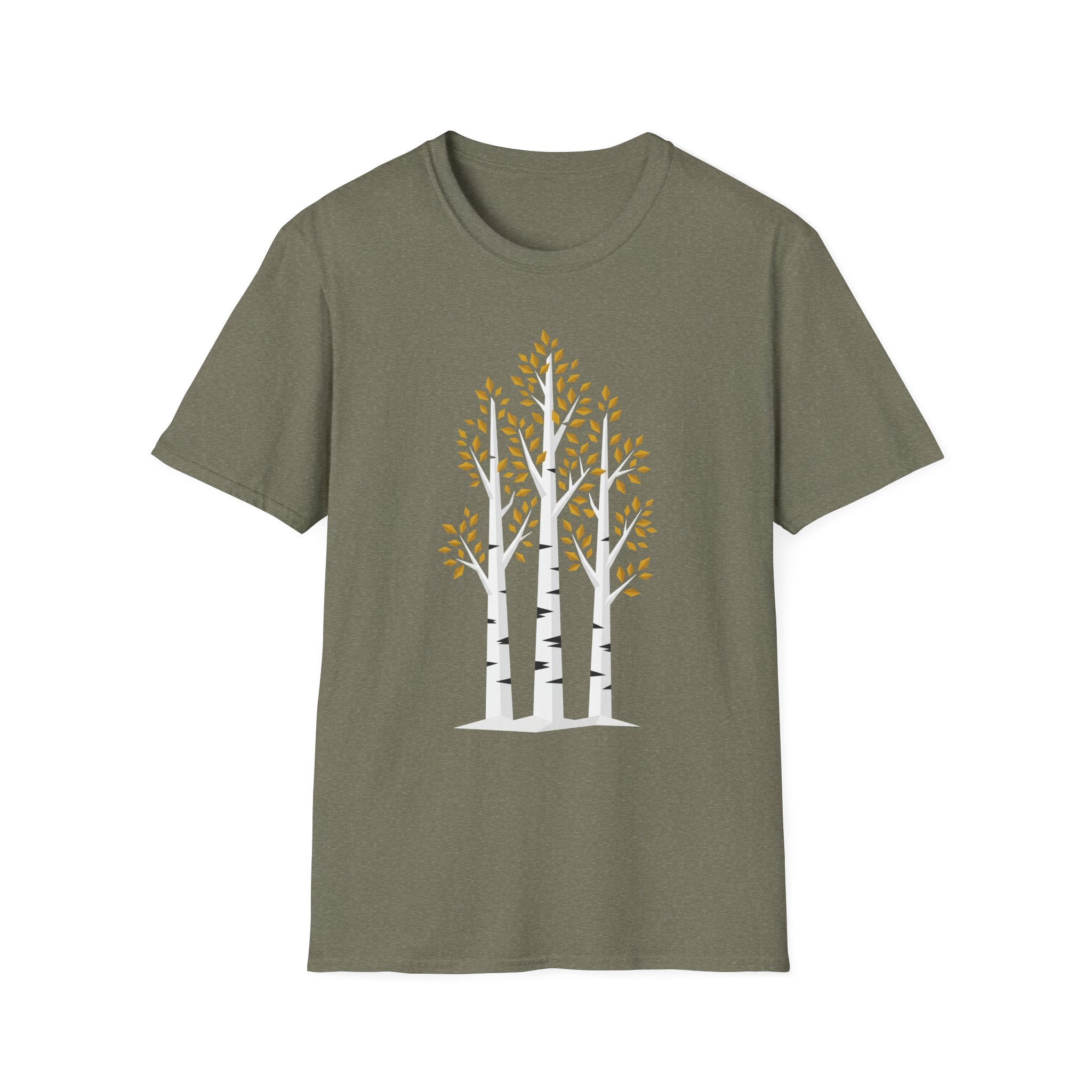 Olive T-shirt with minimalist birch tree graphic and golden autumn foliage