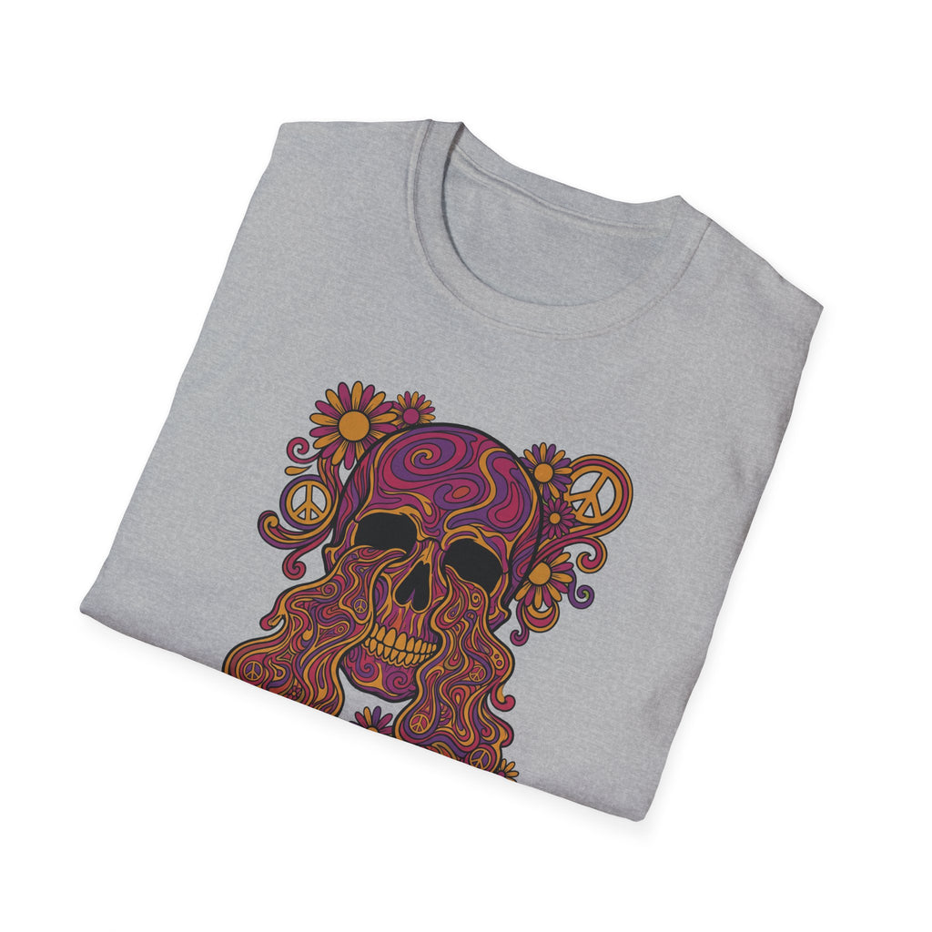 Grey t-shirt with colorful psychedelic skull and flowers graphic