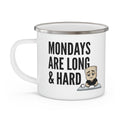 White ceramic enamel-style mug with “MONDAYS ARE LONG & HARD” graphic and cartoon face