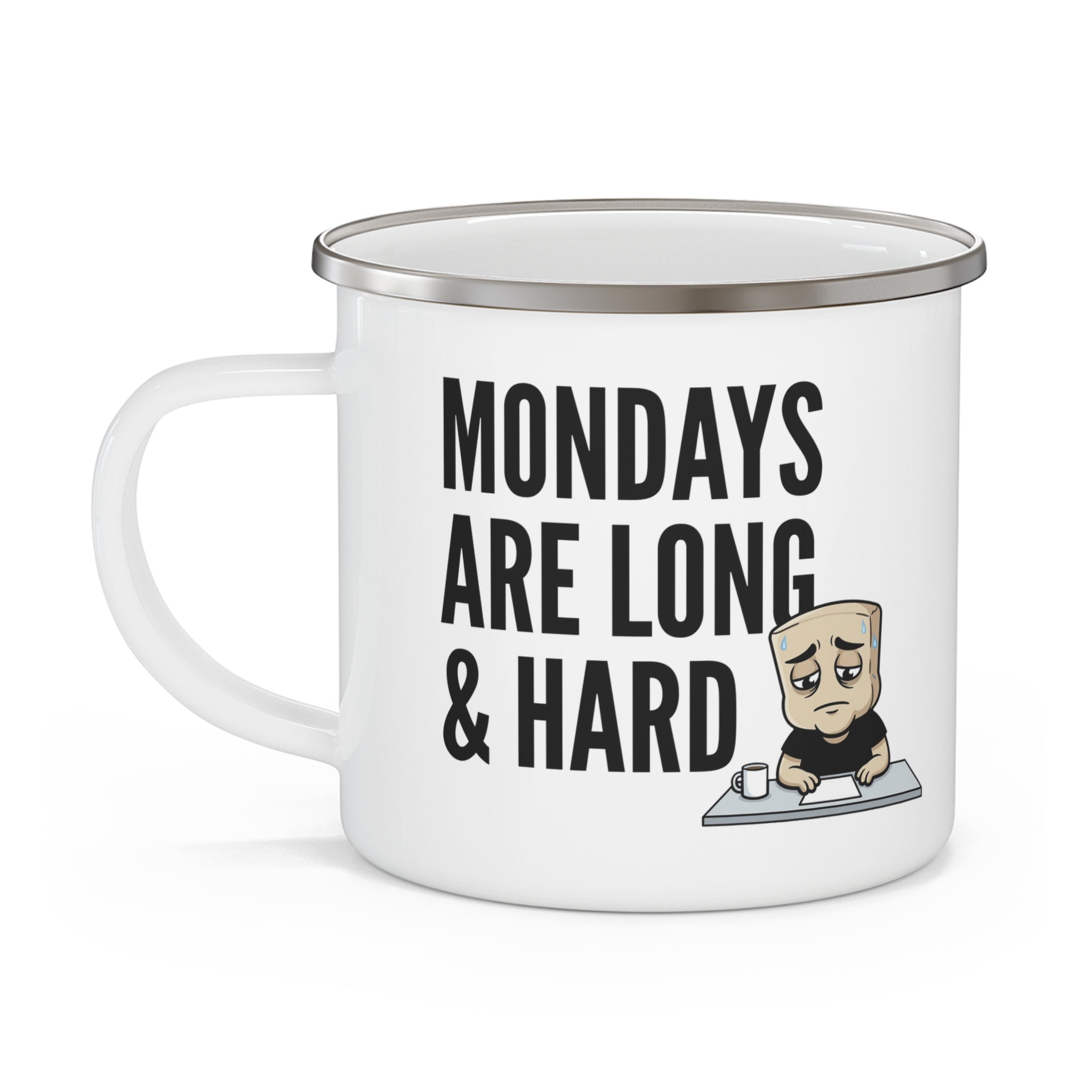 White ceramic enamel-style mug with “MONDAYS ARE LONG & HARD” graphic and cartoon face