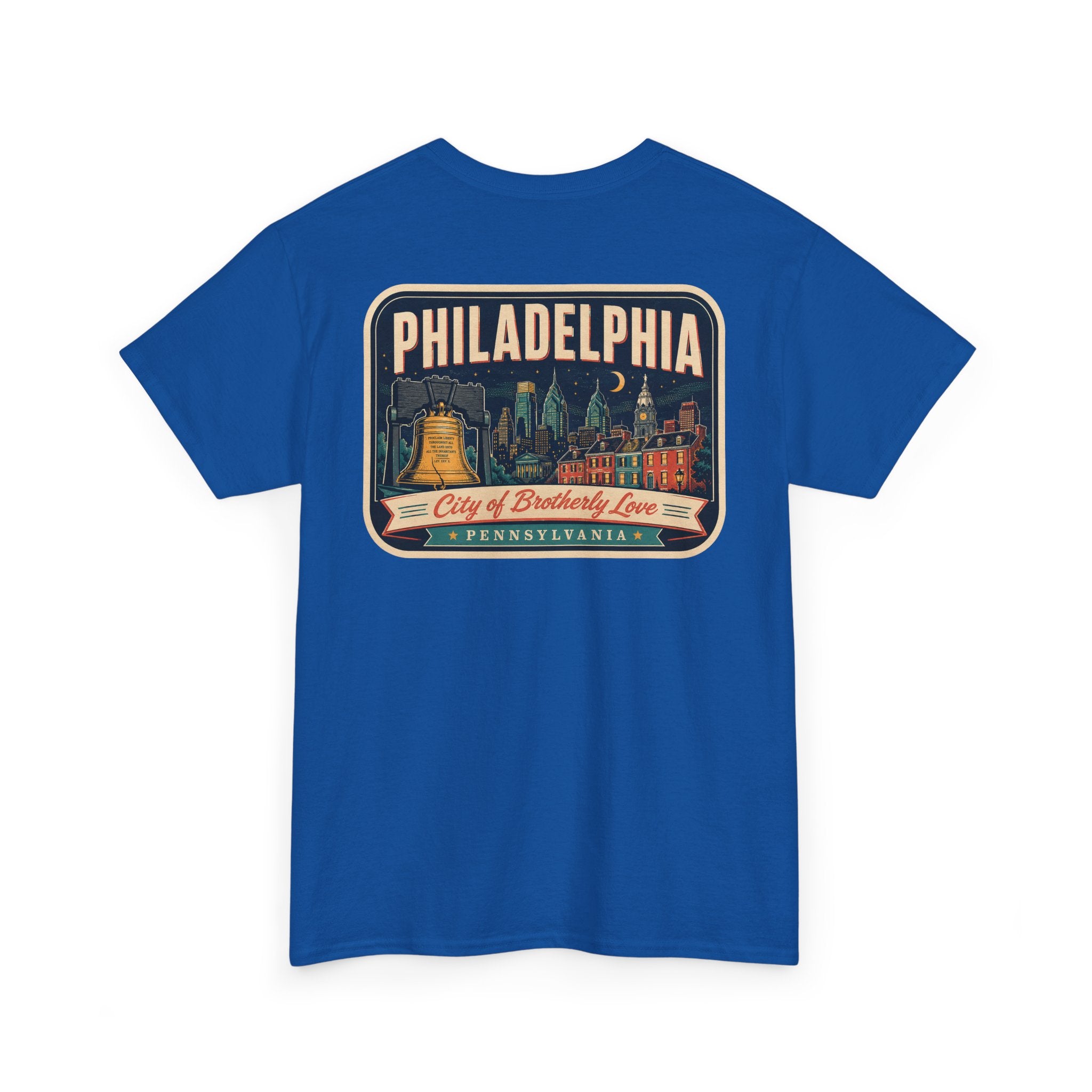 Royal blue T-shirt with Philadelphia skyline luggage-tag graphic patch