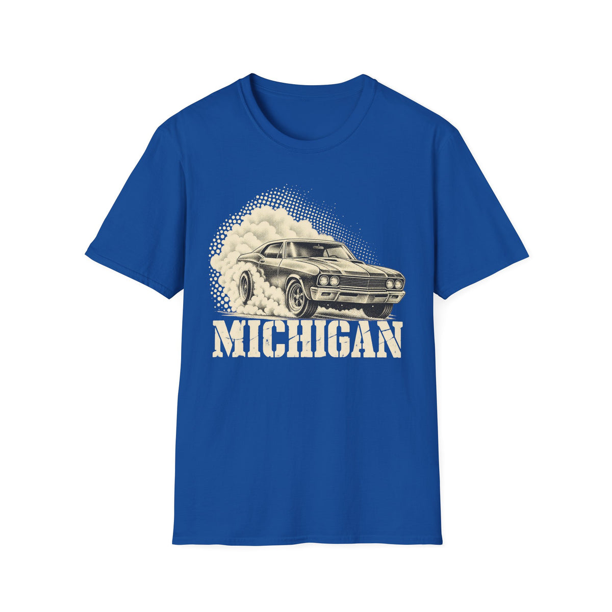 Royal blue T-shirt with vintage car graphic and “MICHIGAN” text print