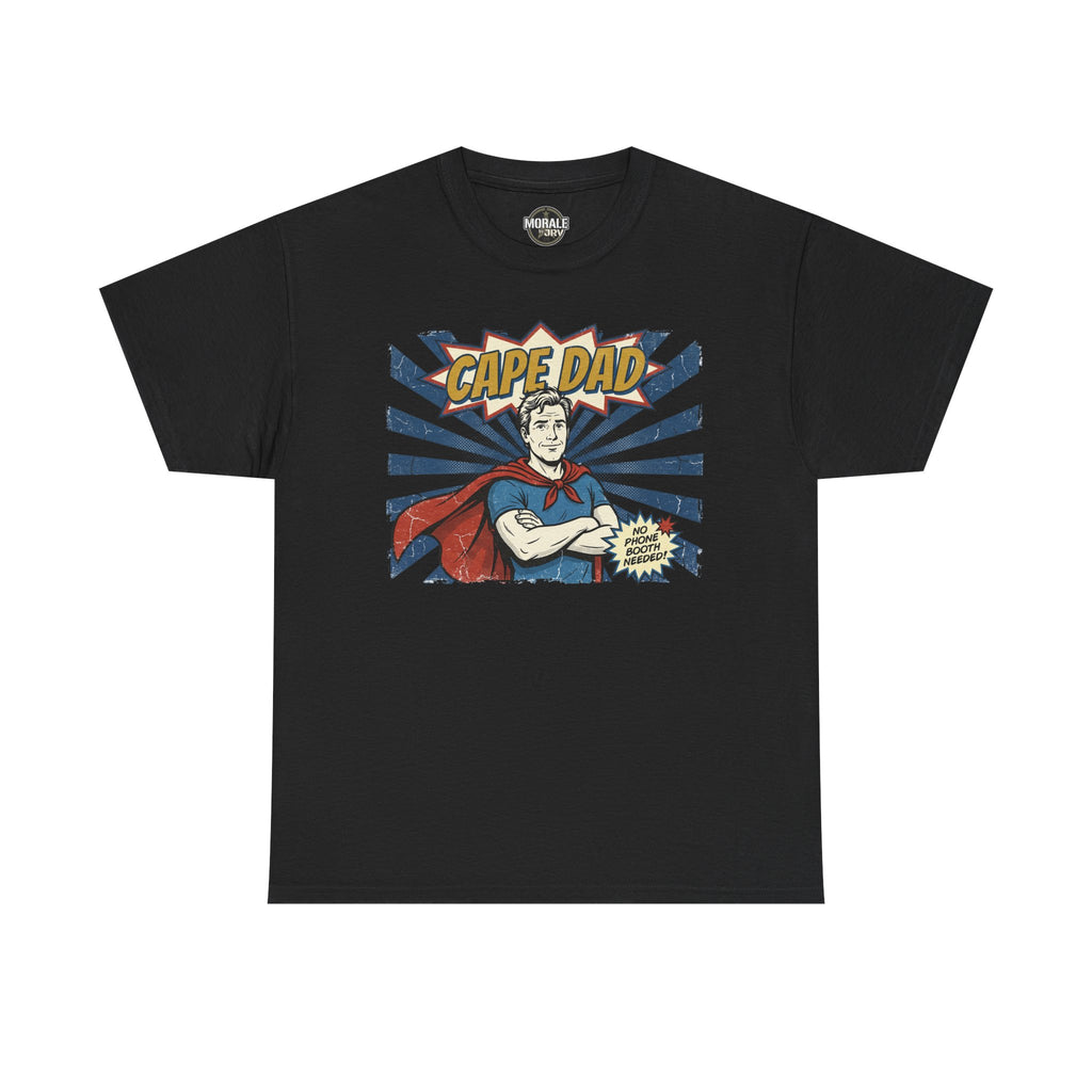 Cape Dad superhero T‑shirt, black, retro comic chest logo